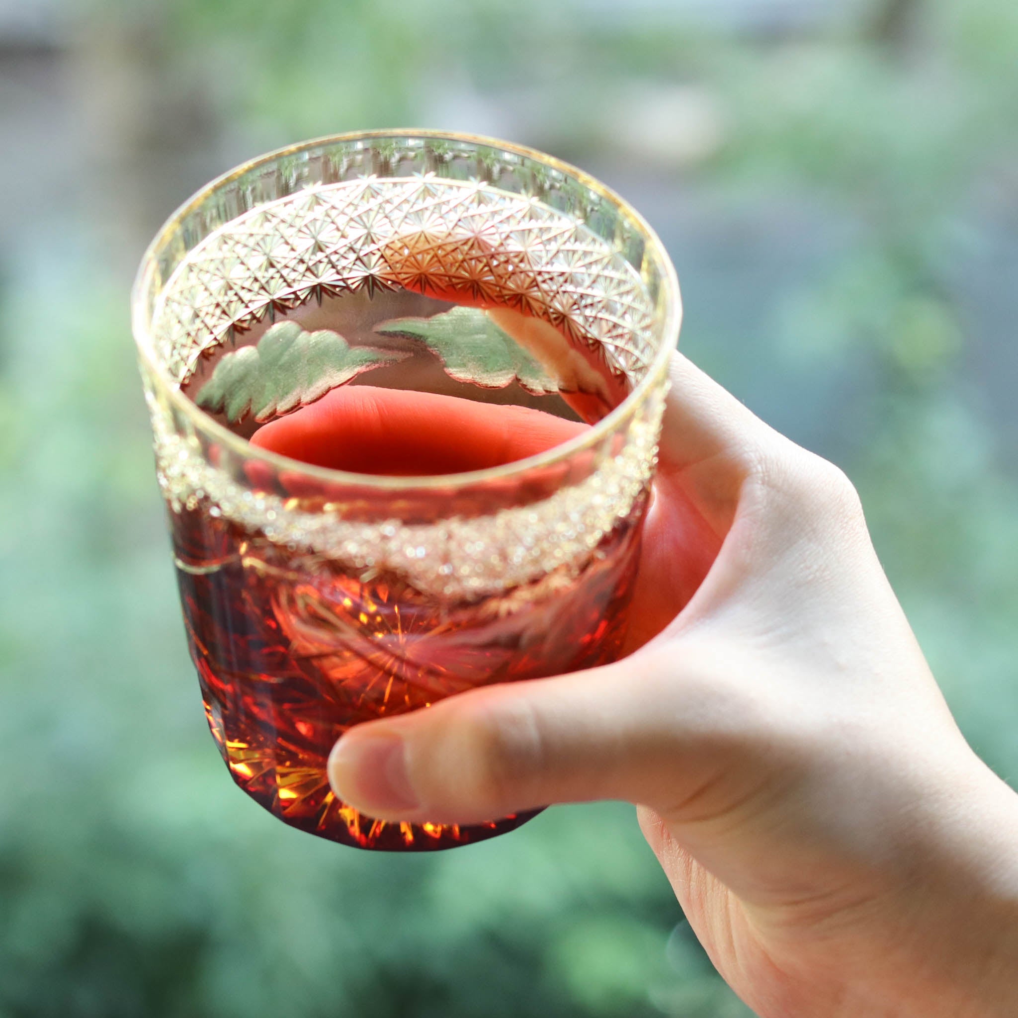 江戸切子 ロックグラス|山下白雨|琥珀 金赤|山田硝子