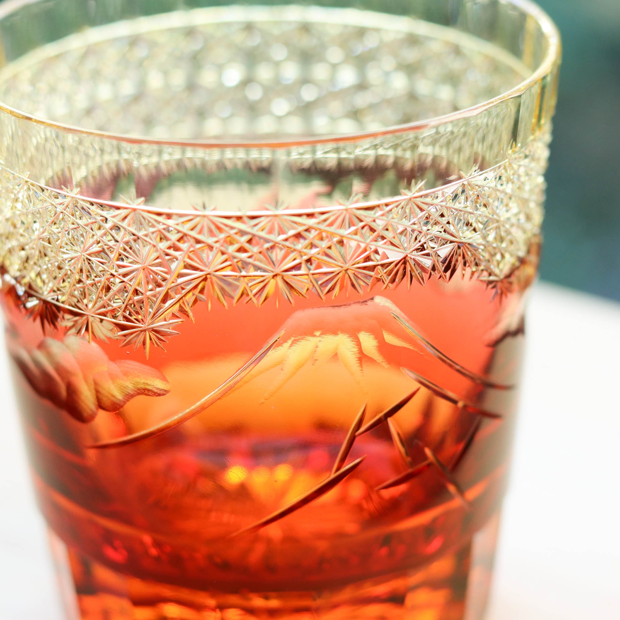 江戸切子 ロックグラス|山下白雨|琥珀 金赤|山田硝子