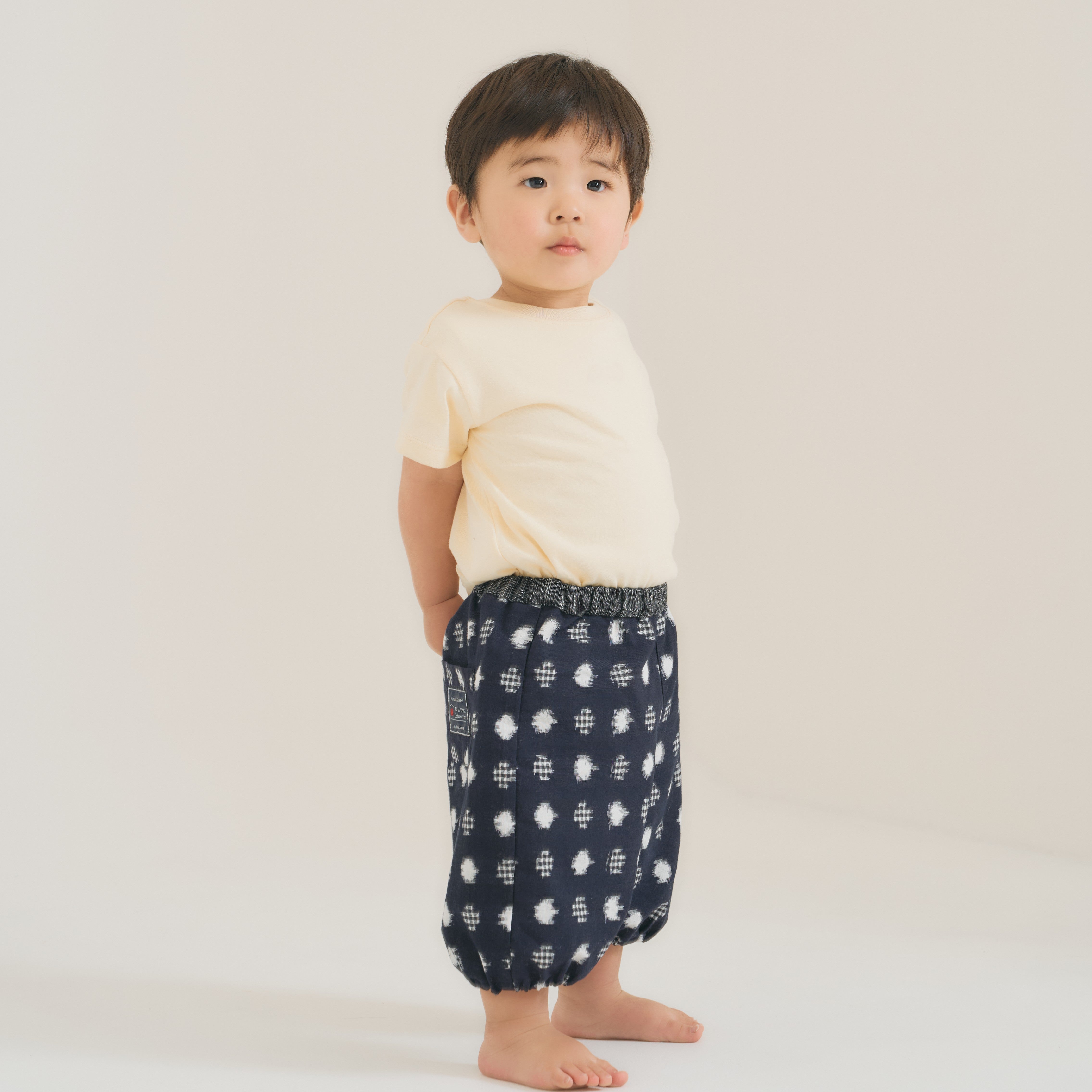 久留米絣 子供用 | もんぺっぺ スタイチーフ | 紺水玉格子 | TAKUMI Collection