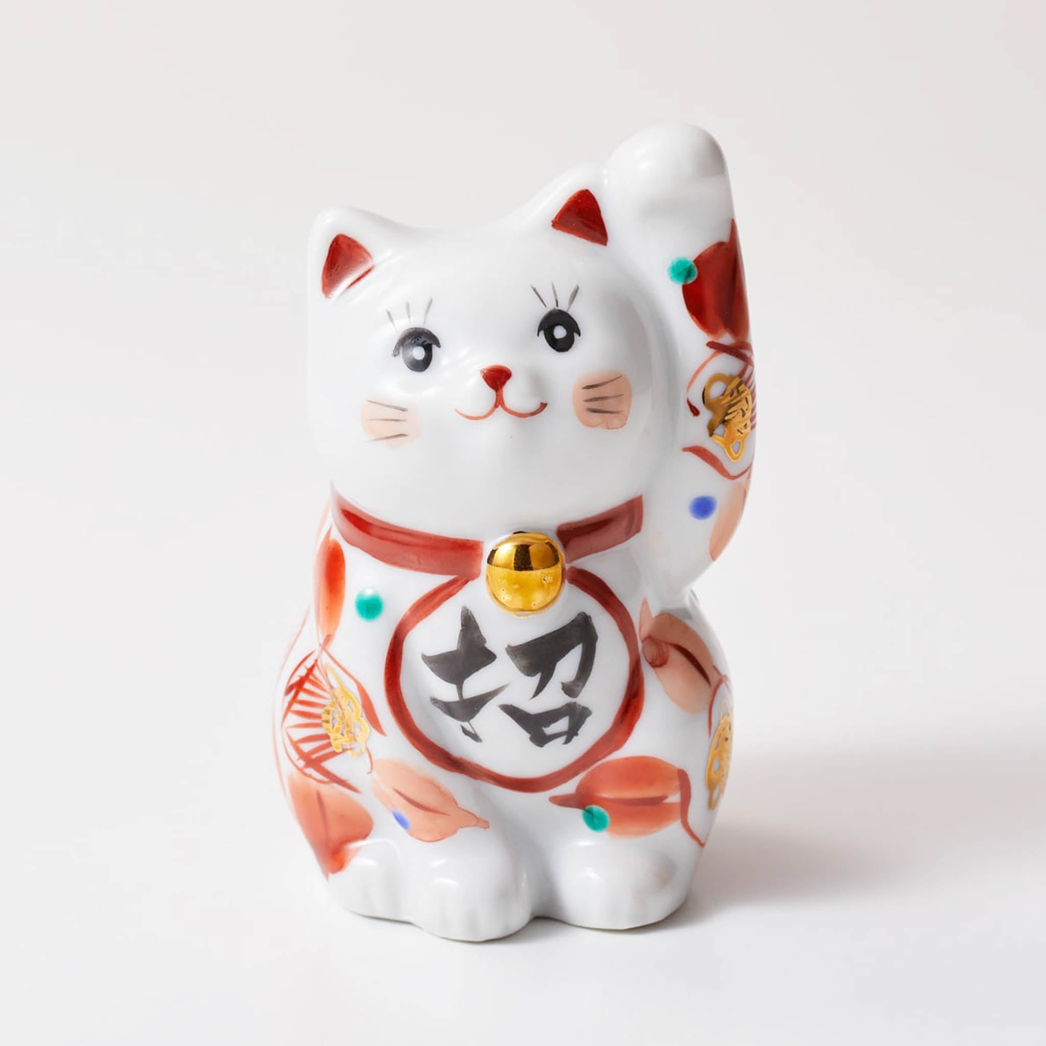 九谷焼 置物 | 招き猫 椿 ペアセット | 釉彩・赤絵 | 虚空蔵窯