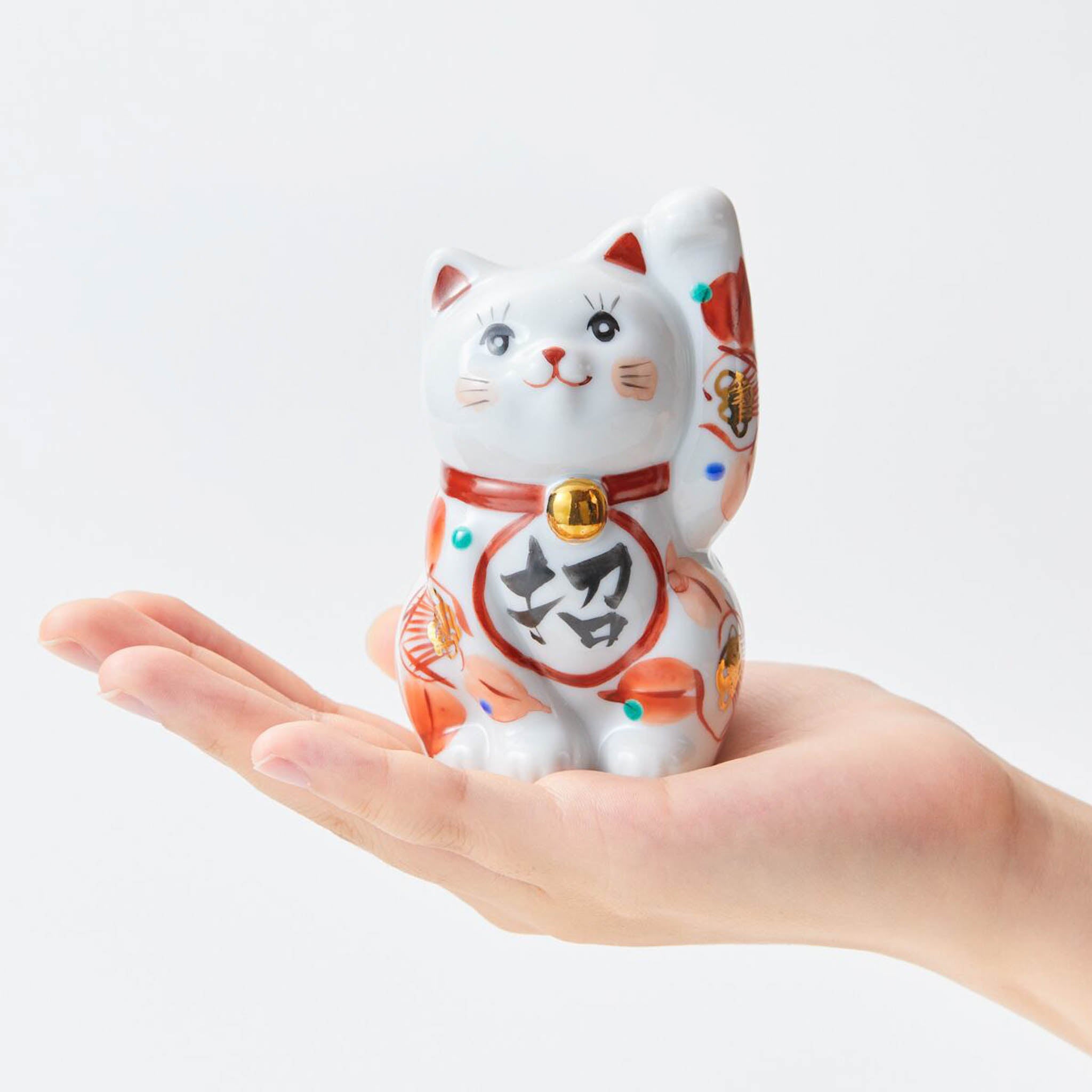 九谷焼 置物 | 招き猫 椿 ペアセット | 釉彩・赤絵 | 虚空蔵窯