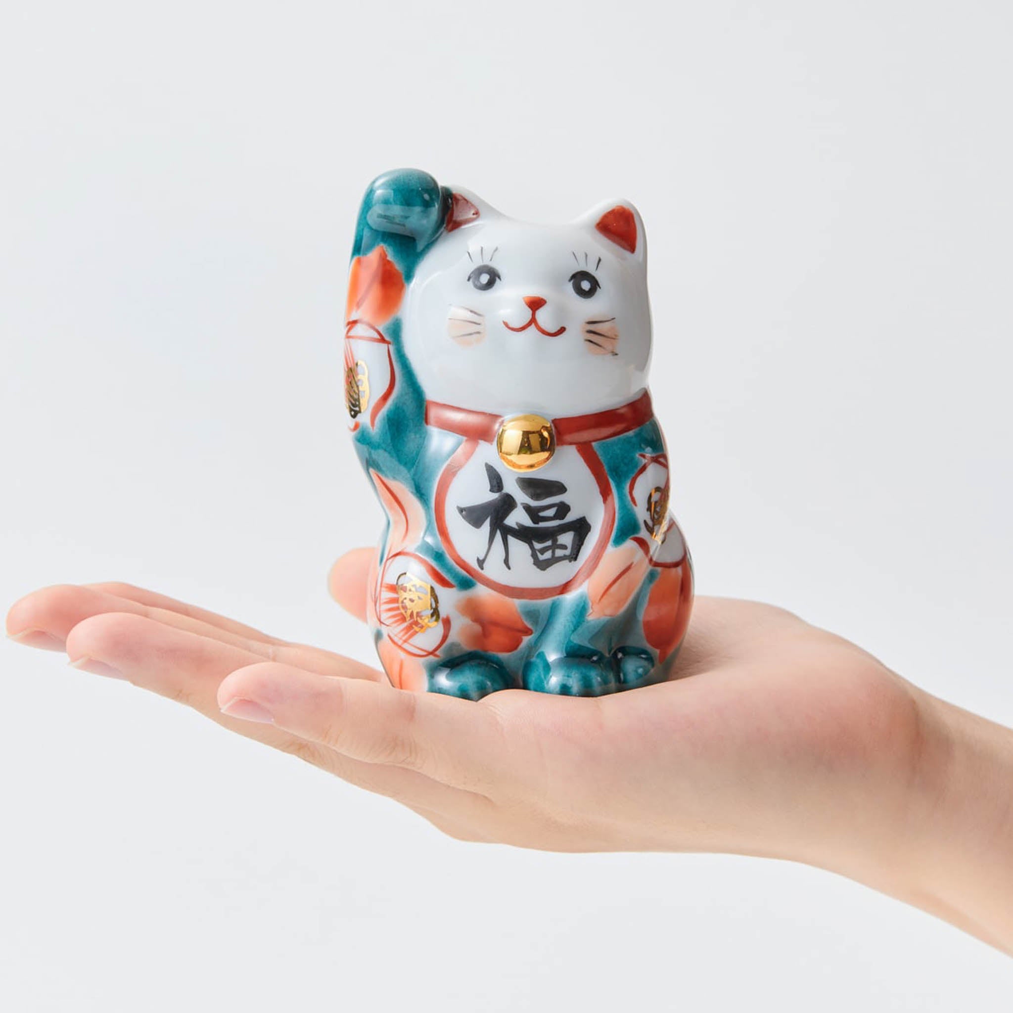 九谷焼 置物 | 招き猫 椿 ペアセット | 釉彩・赤絵 | 虚空蔵窯