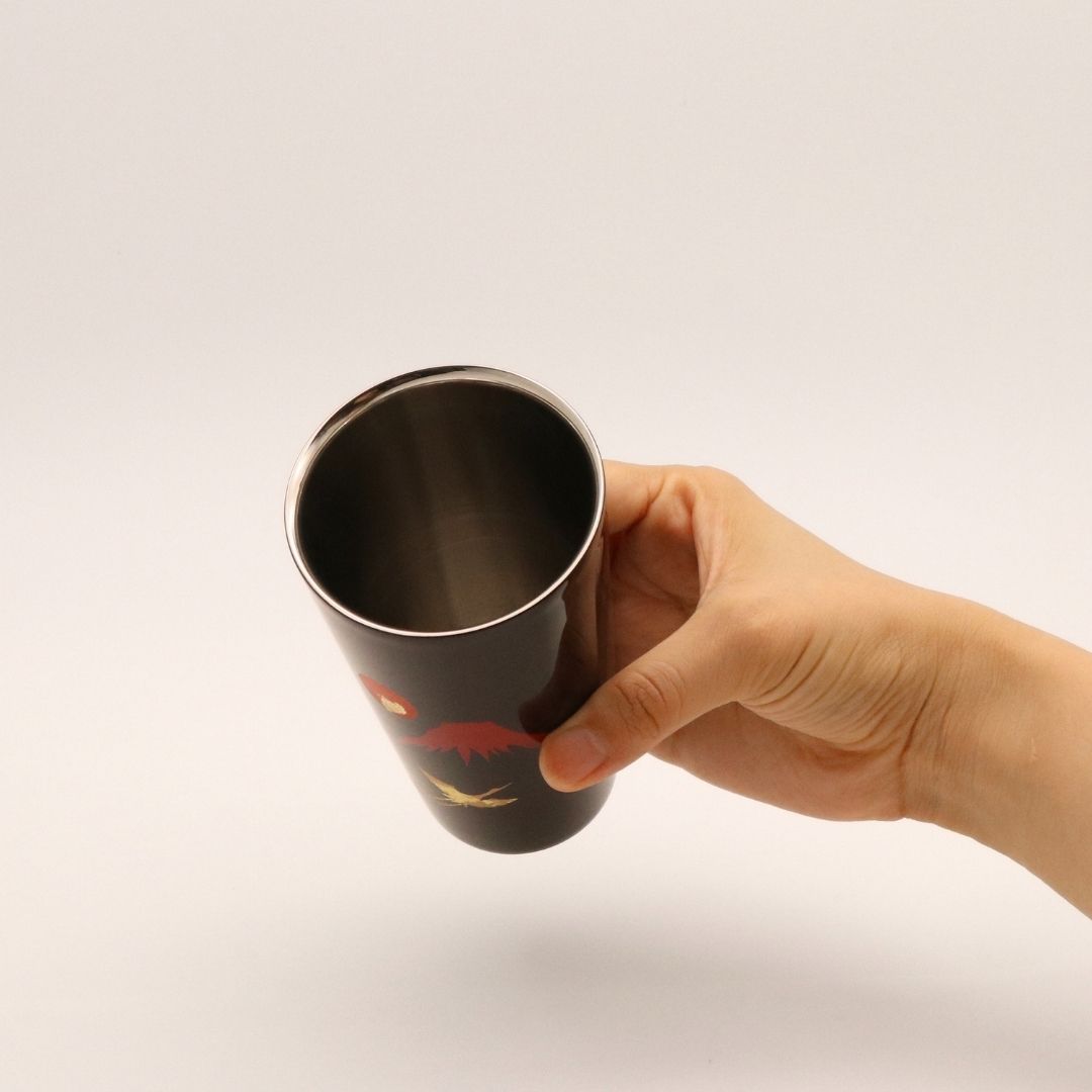 山中塗 カップ | 漆磨 | 赤富士に鶴 2重ストレートカップ | ウチキ