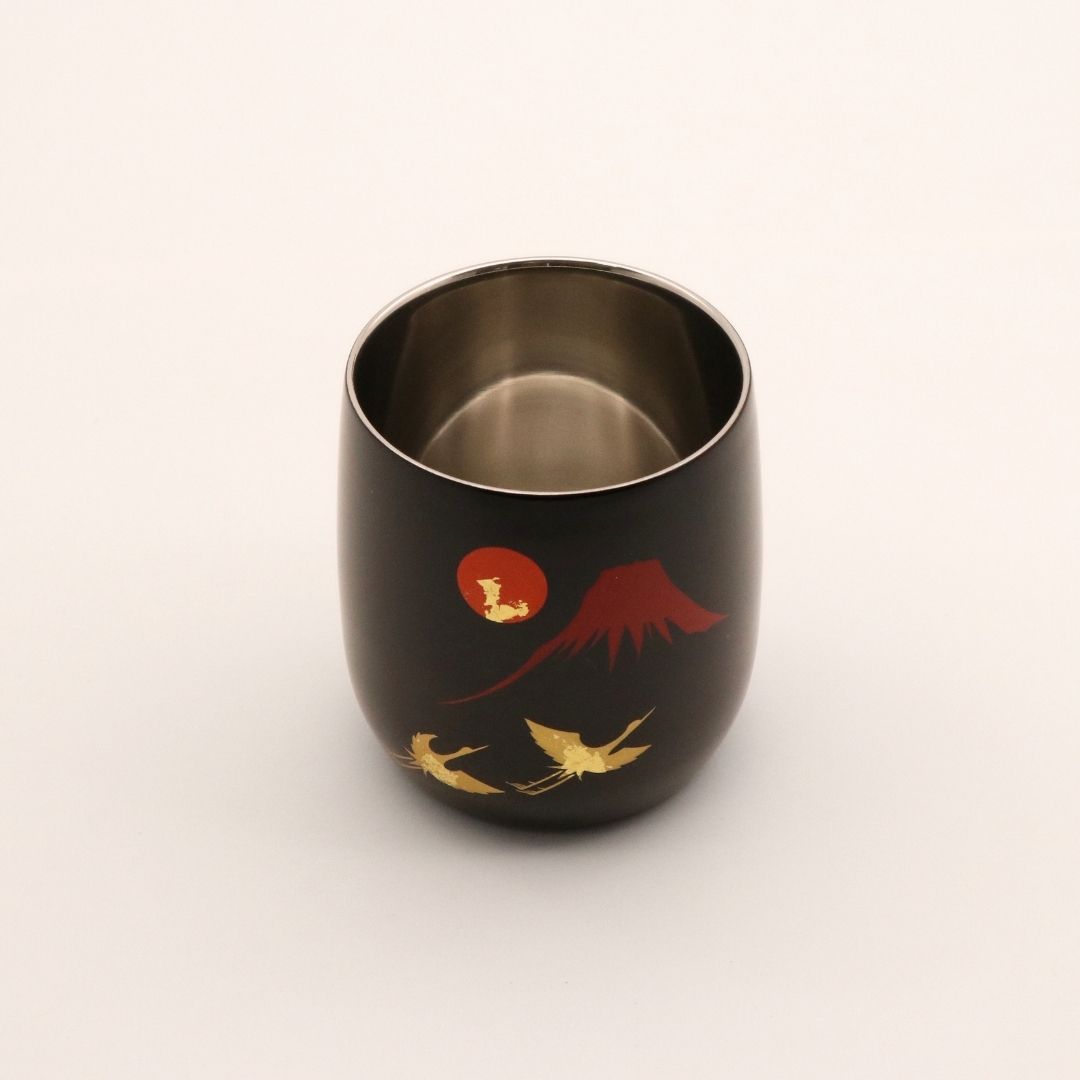 山中塗 カップ | 漆磨 | 赤富士に鶴 2重ロックダルマカップ | ウチキ