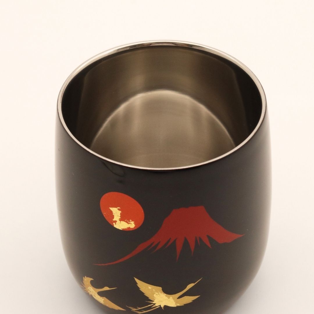 山中塗 カップ | 漆磨 | 赤富士に鶴 2重ロックダルマカップ | ウチキ