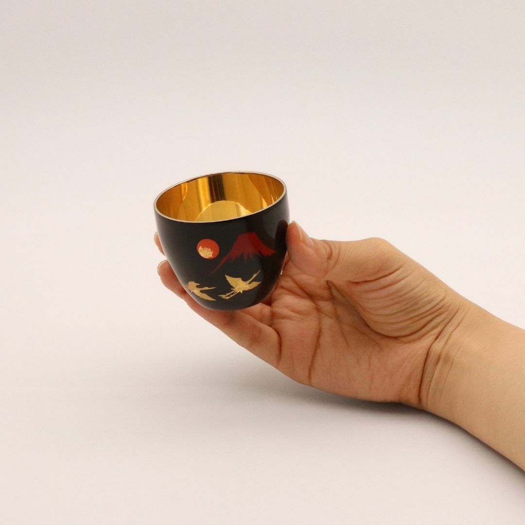 山中塗 カップ | 漆磨 | 赤富士に鶴 2重ぐい呑 | ウチキ