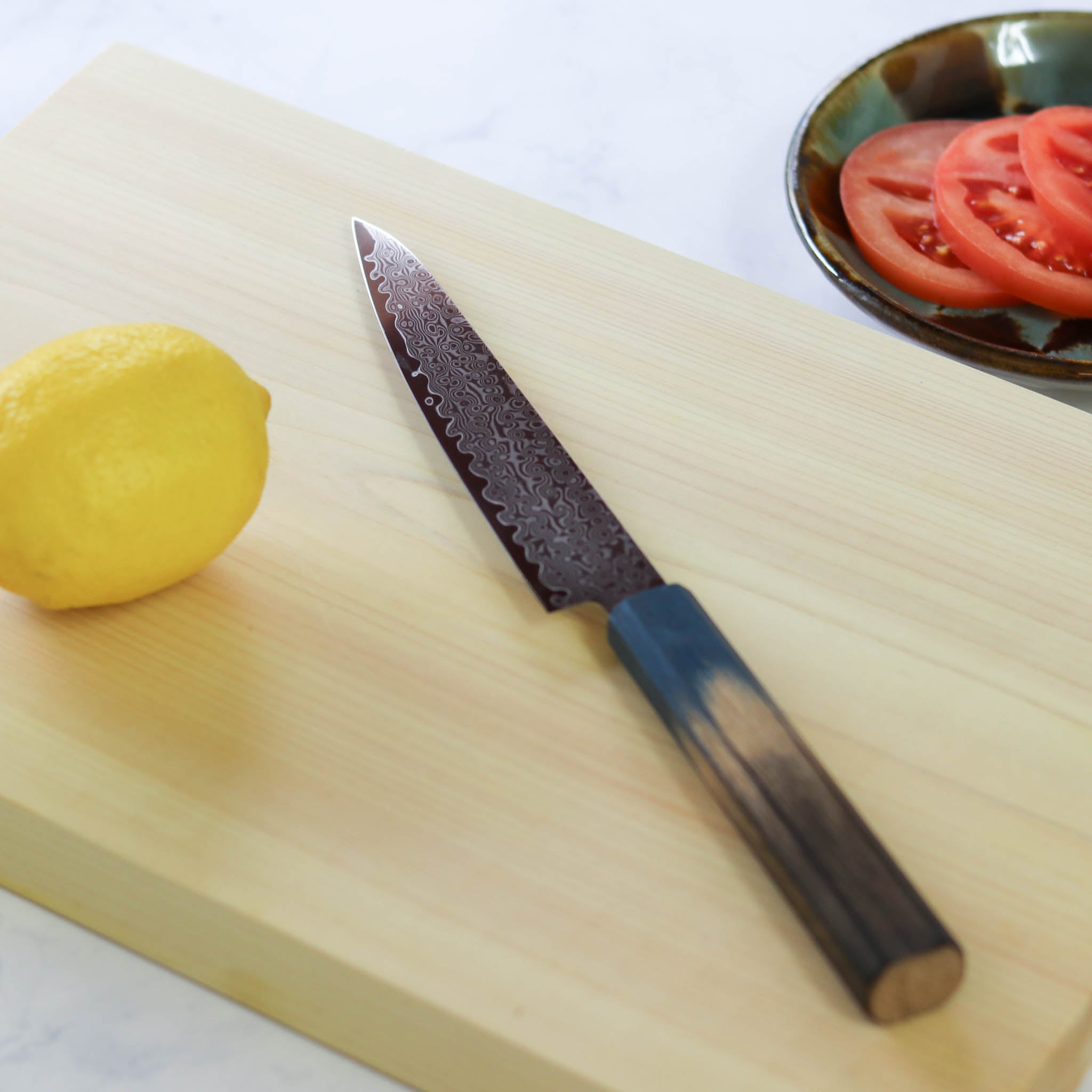 堺打刃物 包丁 | ダマスカス67層 ペティ 15cm 両刃 | 暁ハンドル 桐箱入り | 山脇刃物製作所