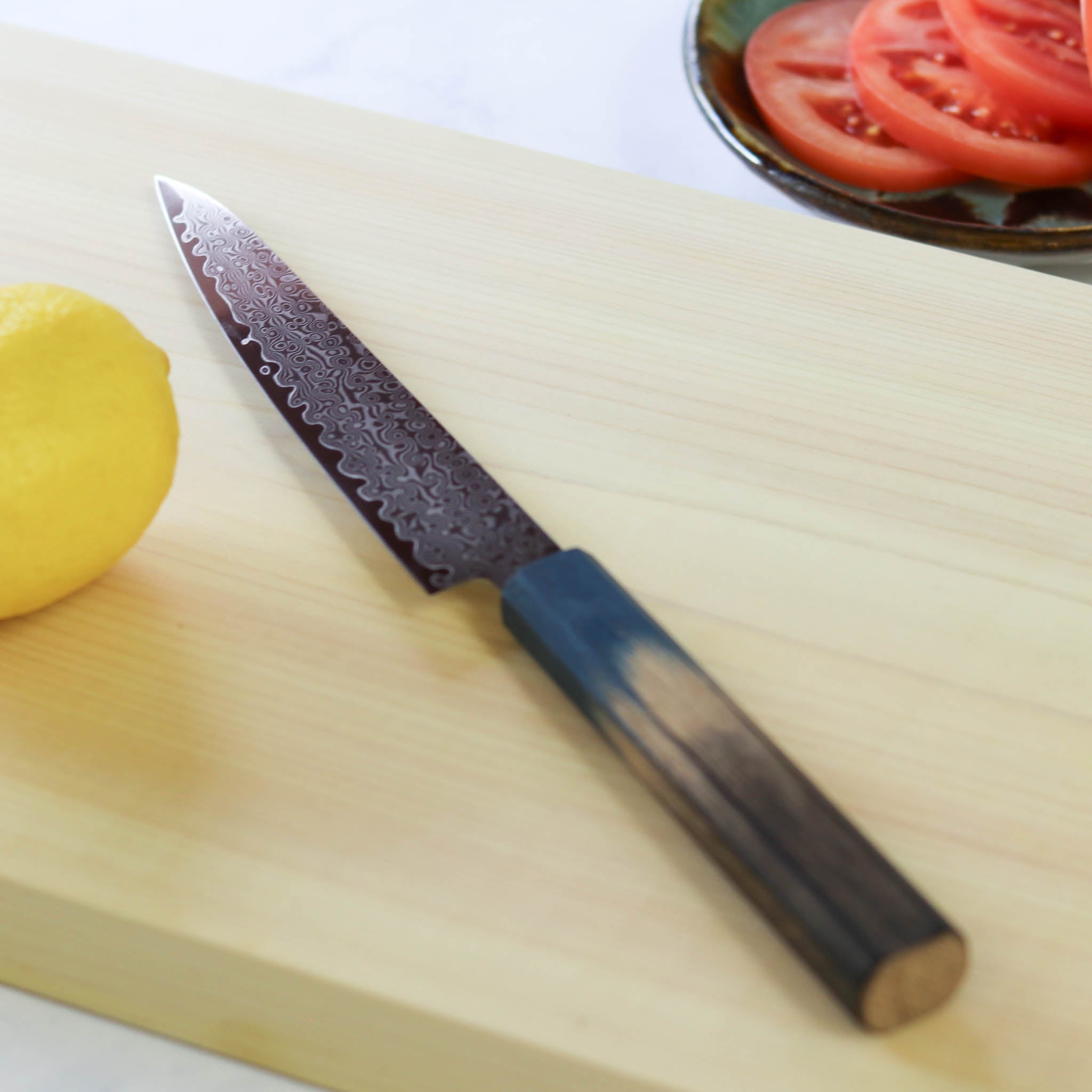 堺打刃物 包丁 | ダマスカス67層 ペティ 15cm 両刃 | 暁ハンドル 桐箱入り | 山脇刃物製作所