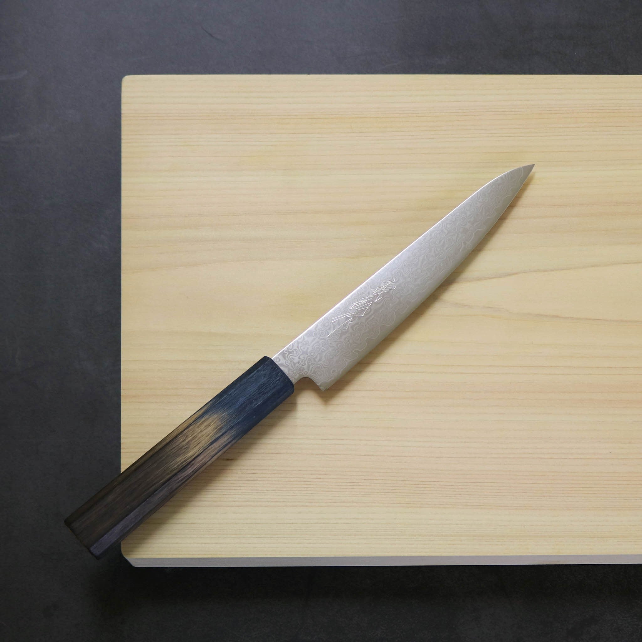 堺打刃物 包丁 | ダマスカス67層 ペティ 15cm 両刃 | 暁ハンドル 桐箱入り | 山脇刃物製作所