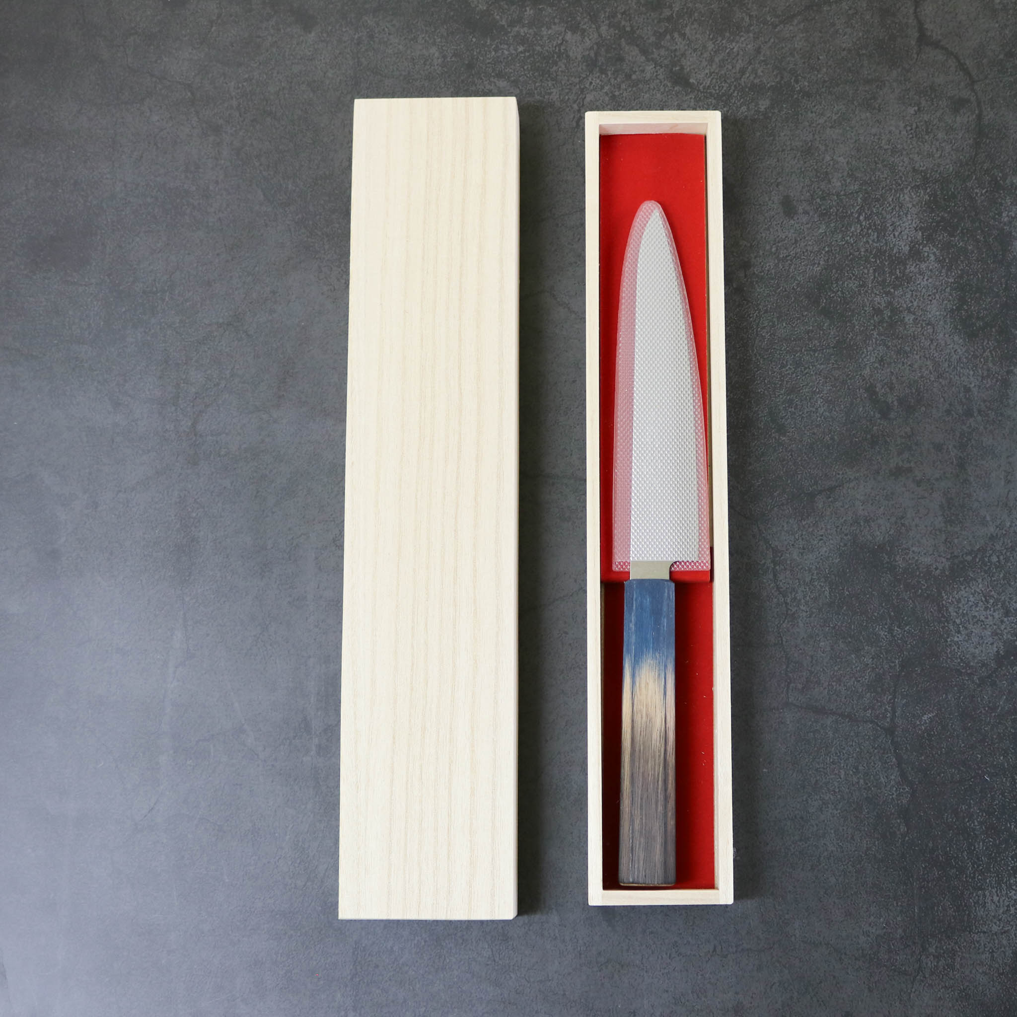 堺打刃物 包丁 | ダマスカス67層 ペティ 15cm 両刃 | 暁ハンドル 桐箱入り | 山脇刃物製作所