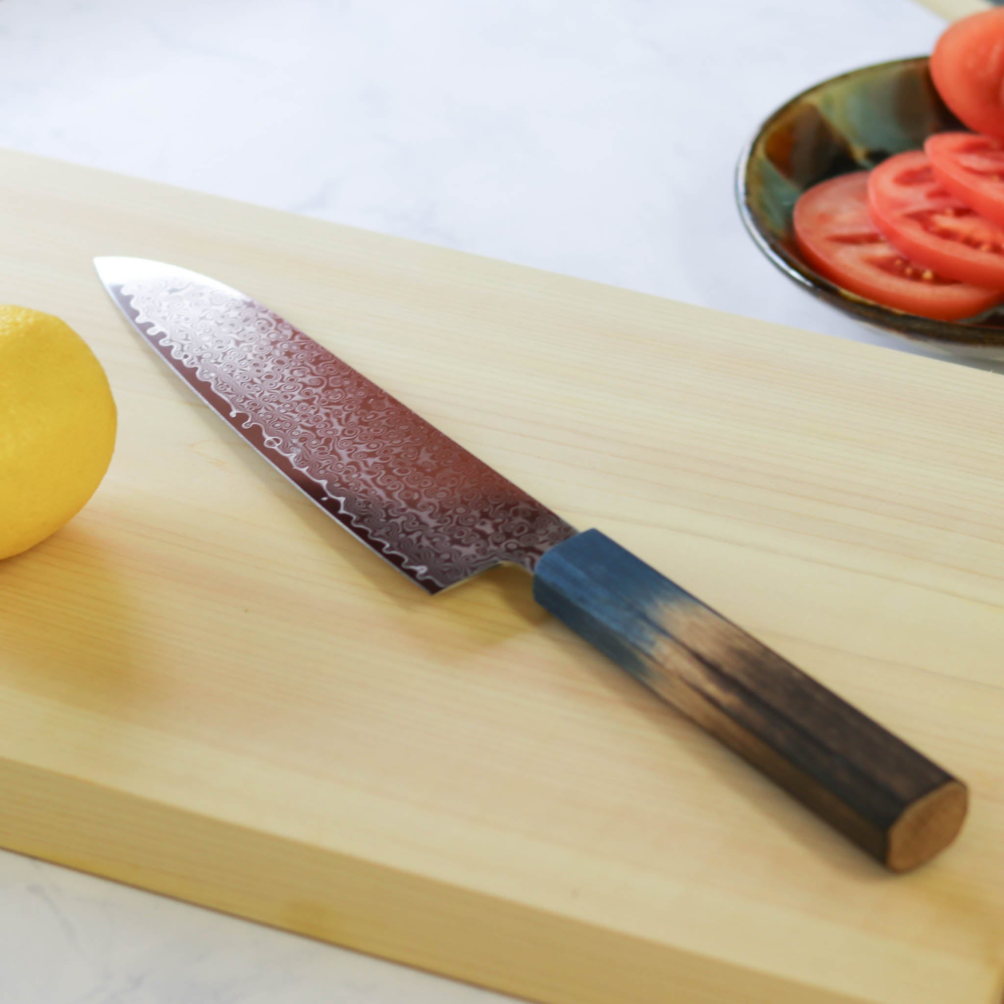 堺打刃物 包丁セット | ダマスカス67層 ペティ× 三徳 両刃 | 暁ハンドル 桐箱入り | 山脇刃物製作所