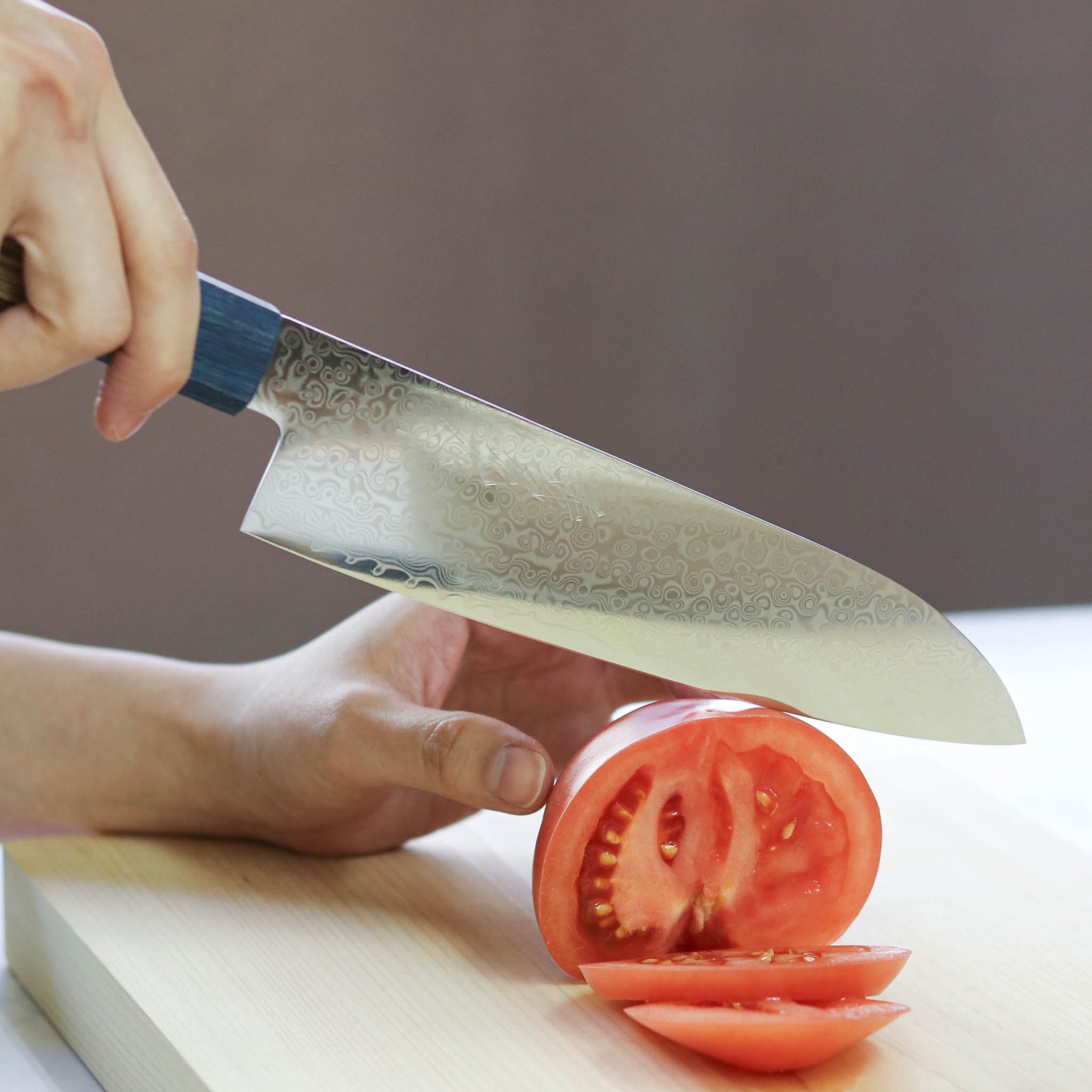 堺打刃物 包丁セット | ダマスカス67層 ペティ× 三徳 両刃 | 暁ハンドル 桐箱入り | 山脇刃物製作所