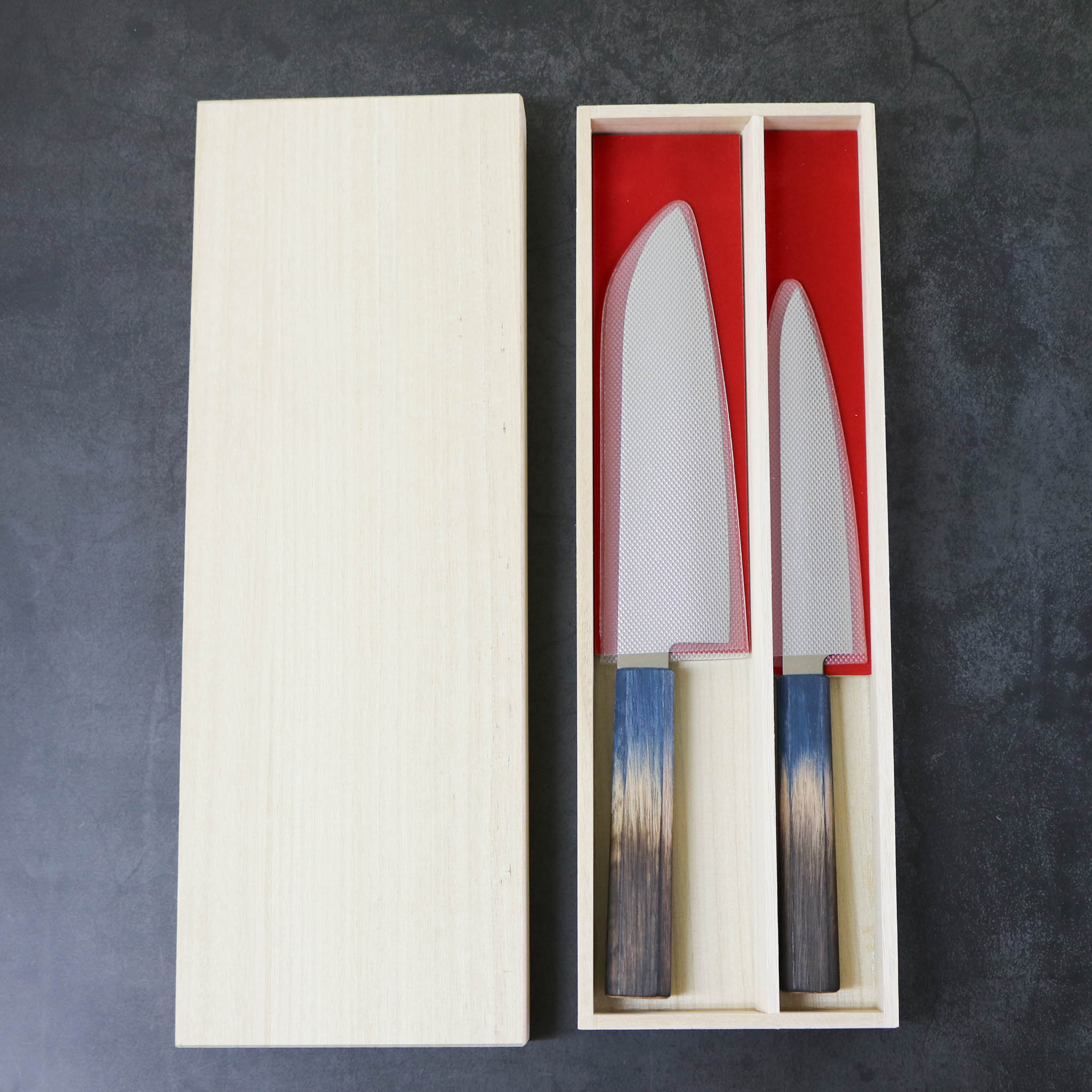 堺打刃物 包丁セット | ダマスカス67層 ペティ× 三徳 両刃 | 暁ハンドル 桐箱入り | 山脇刃物製作所