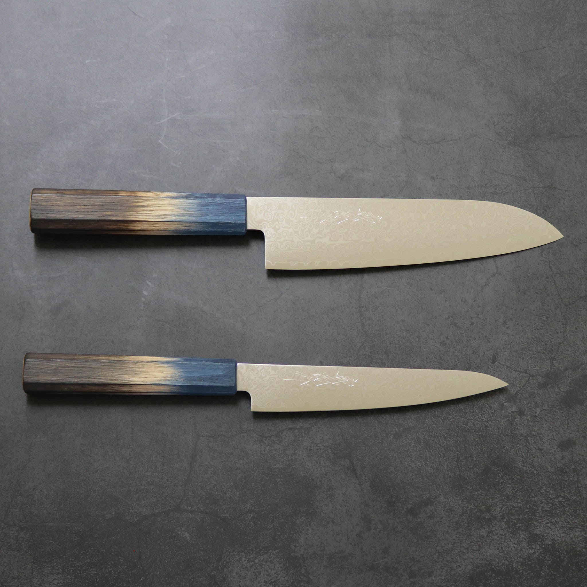 堺打刃物 包丁セット | ダマスカス67層 ペティ× 三徳 両刃 | 暁ハンドル 桐箱入り | 山脇刃物製作所