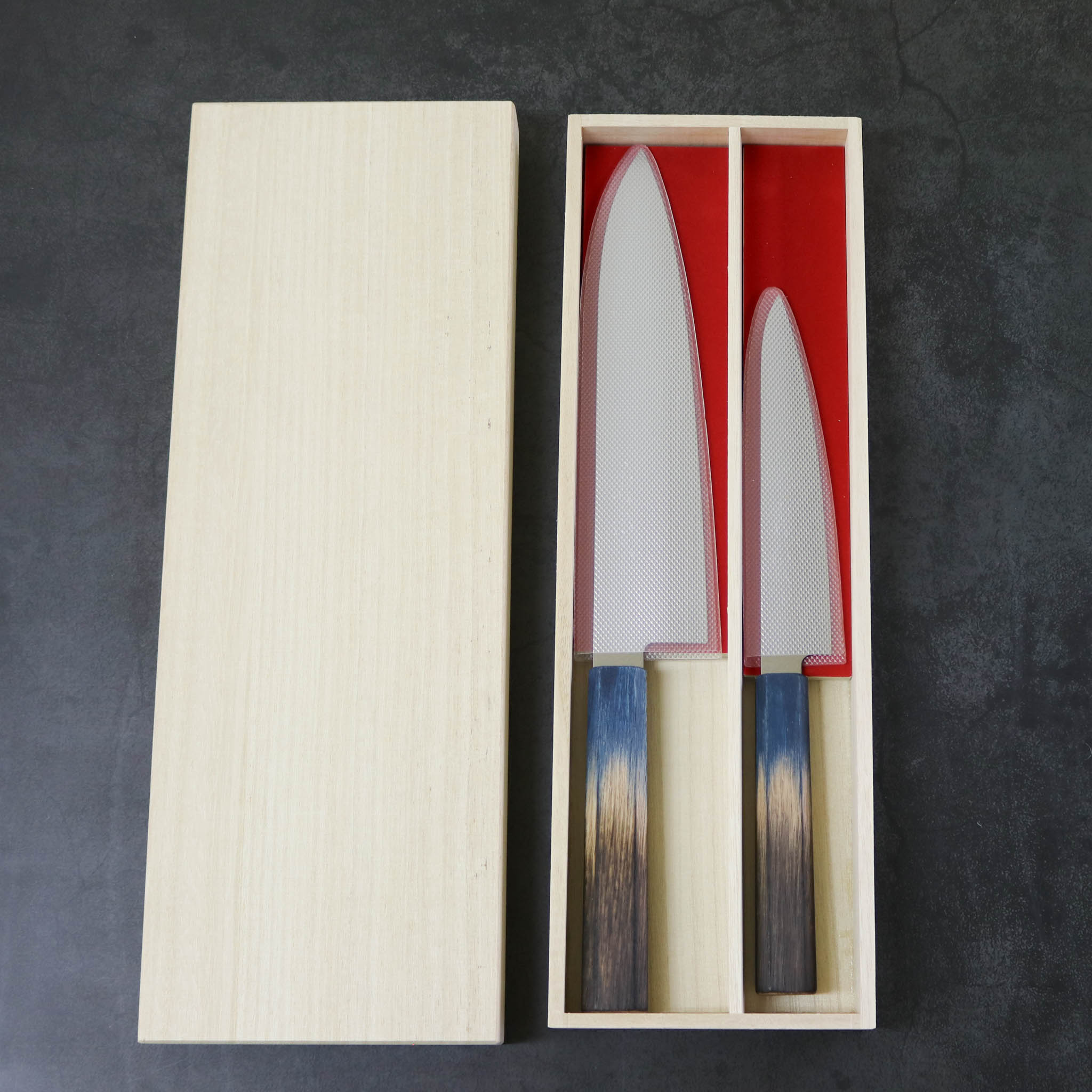 堺打刃物 包丁セット | ダマスカス67層 ペティ× 牛刀 両刃 | 暁ハンドル 桐箱入り | 山脇刃物製作所