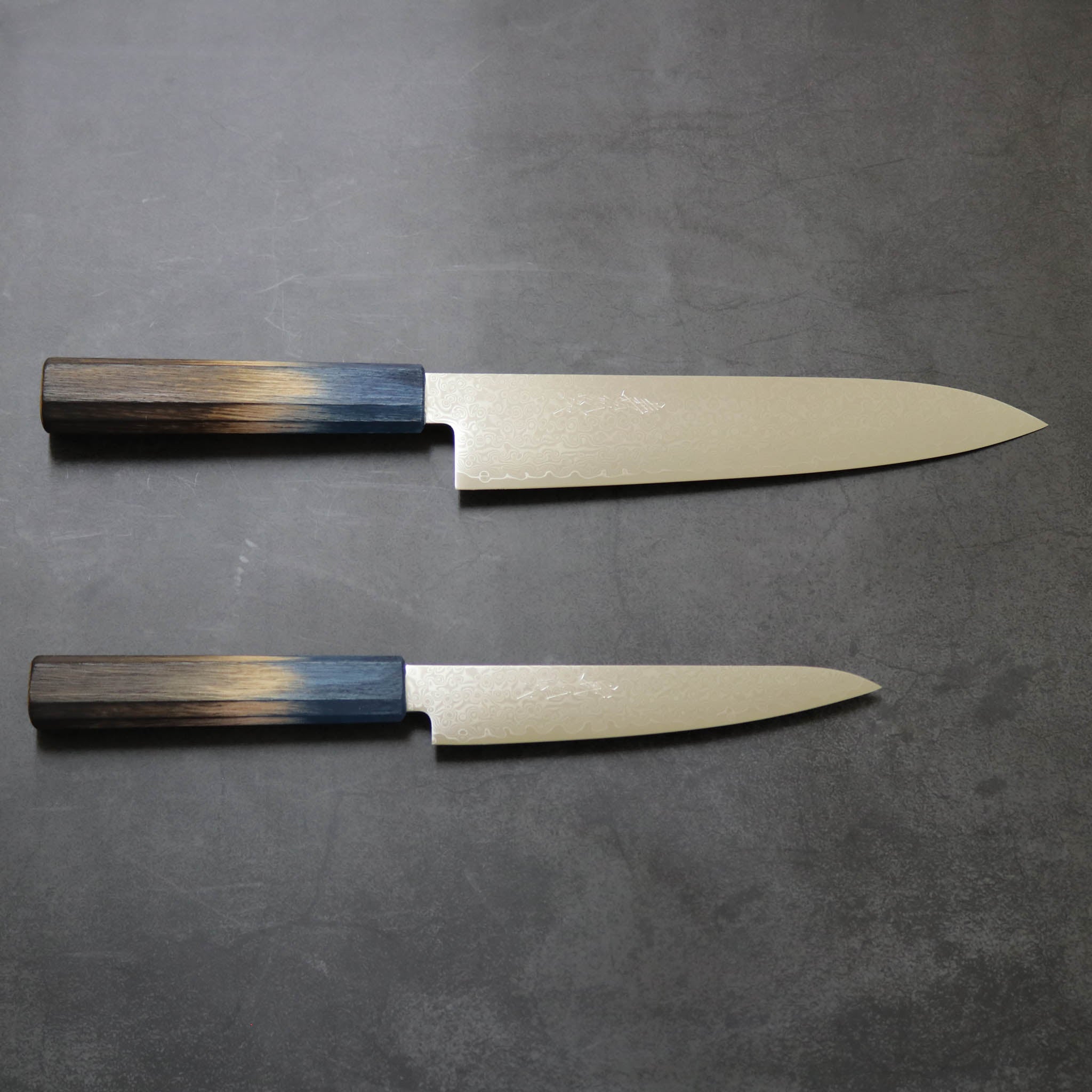 堺打刃物 包丁セット | ダマスカス67層 ペティ× 牛刀 両刃 | 暁ハンドル 桐箱入り | 山脇刃物製作所