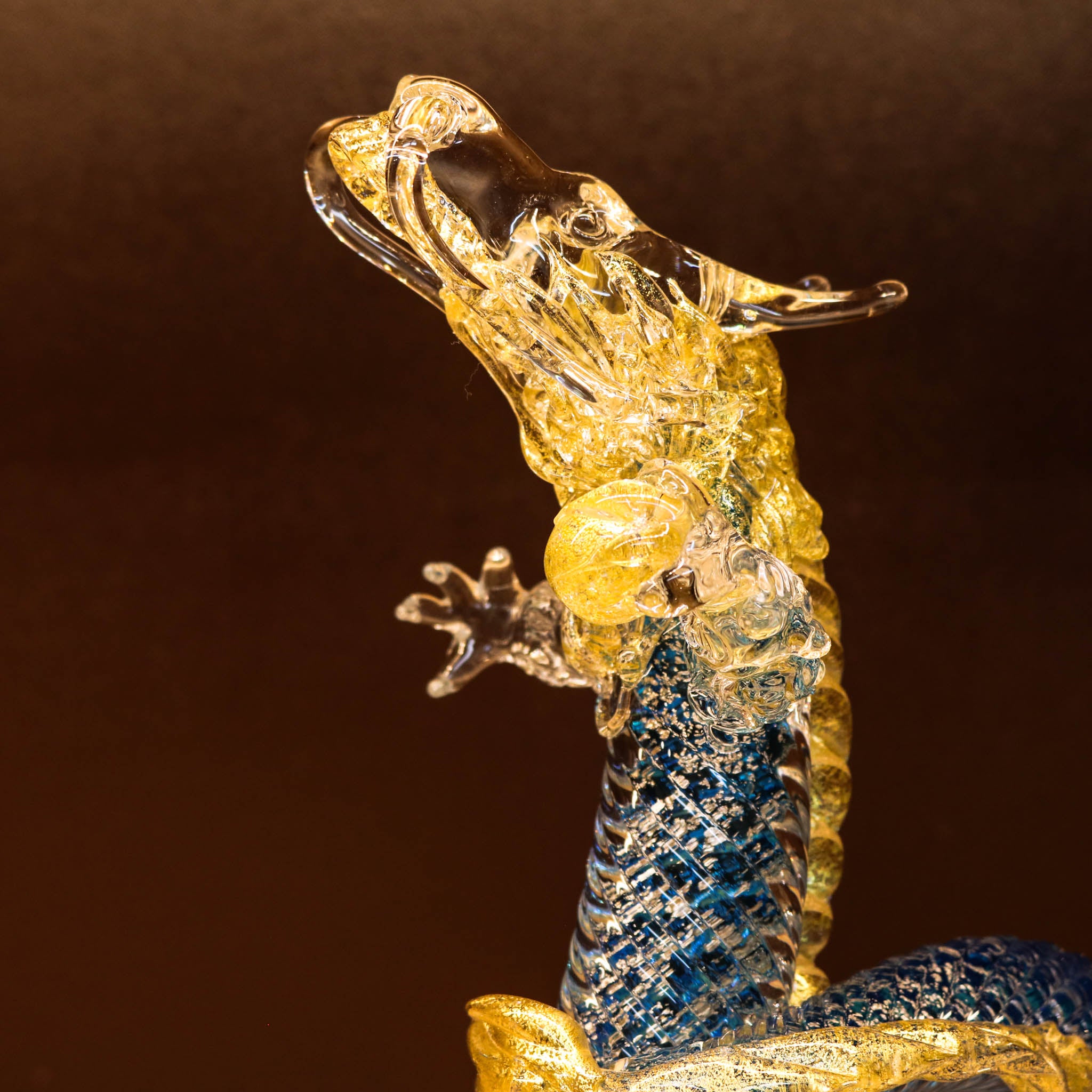 綾ガラス 置物 | 金竜 | オーシャンブルー | グラスアート黒木