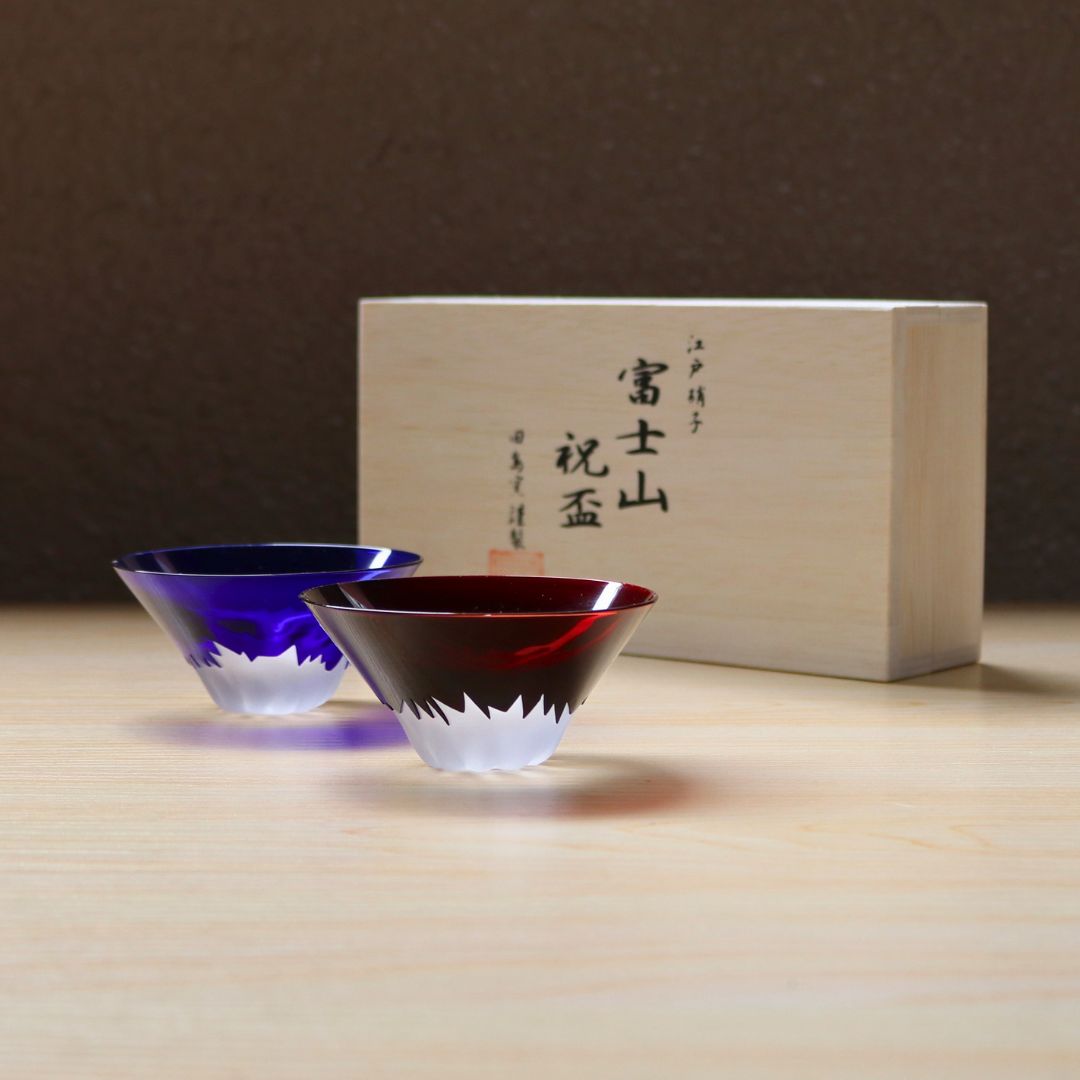 江戸硝子 ぐい呑 | 富士祝盃ペア | 青・赤 | 田島硝子