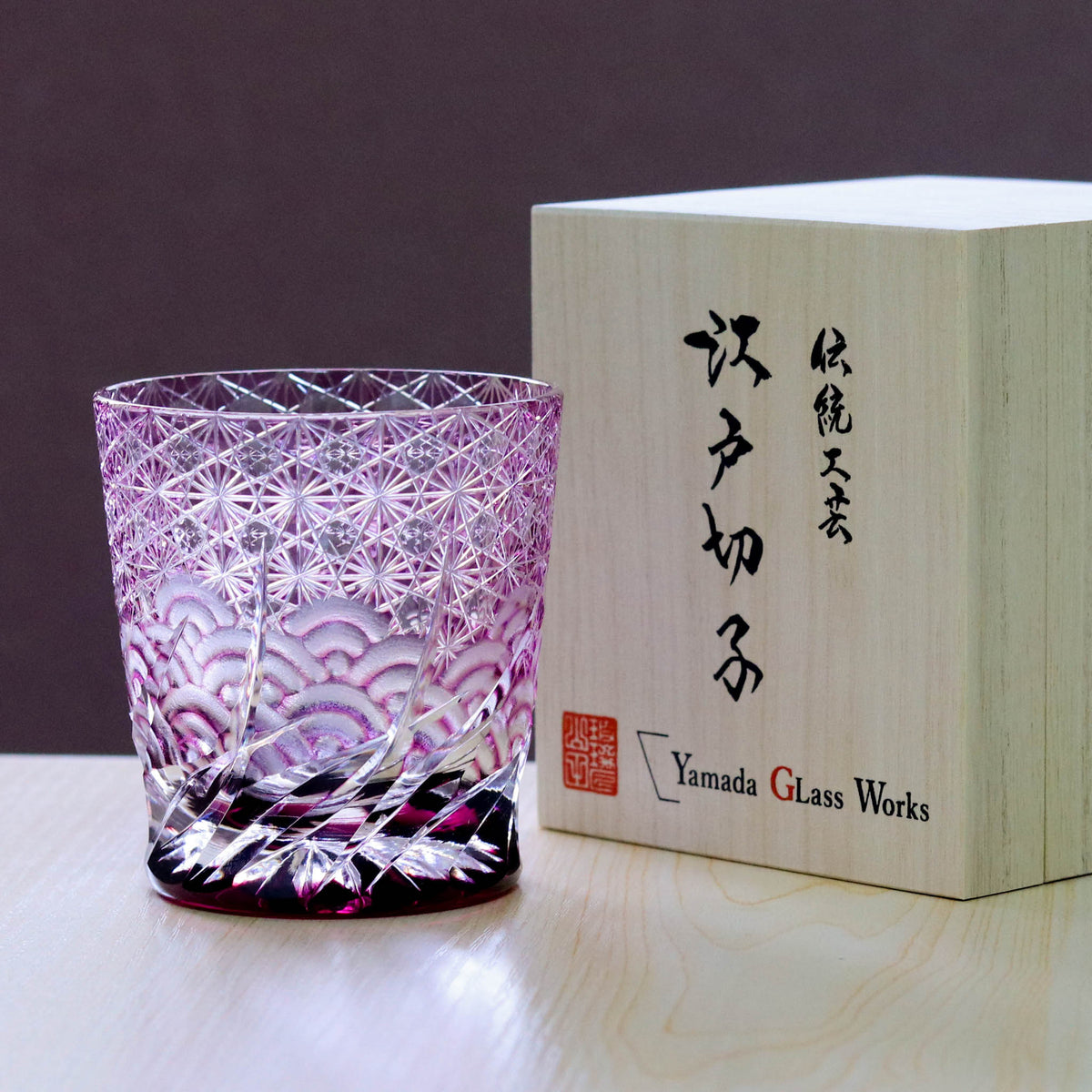 江戸切子 ロックグラス | 漣(さざなみ)| 金紫 | 山田硝子