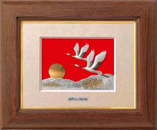 東京銀器 額 | 純銀 双鶴 | 木製卓上フレーム  茶 1号 | 関工芸