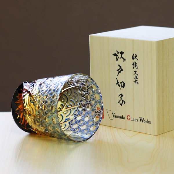 江戸切子 ロックグラス | 漣（さざなみ）| 琥珀 瑠璃 | 山田硝子 - 日本