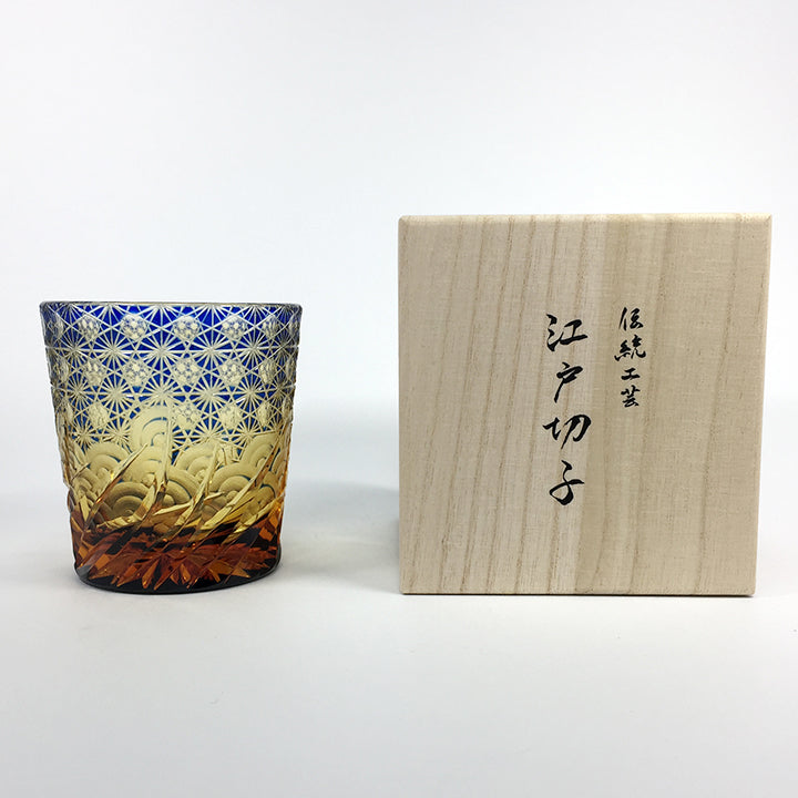 江戸切子 ロックグラス | 漣(さざなみ)| 琥珀 瑠璃 | 山田硝子