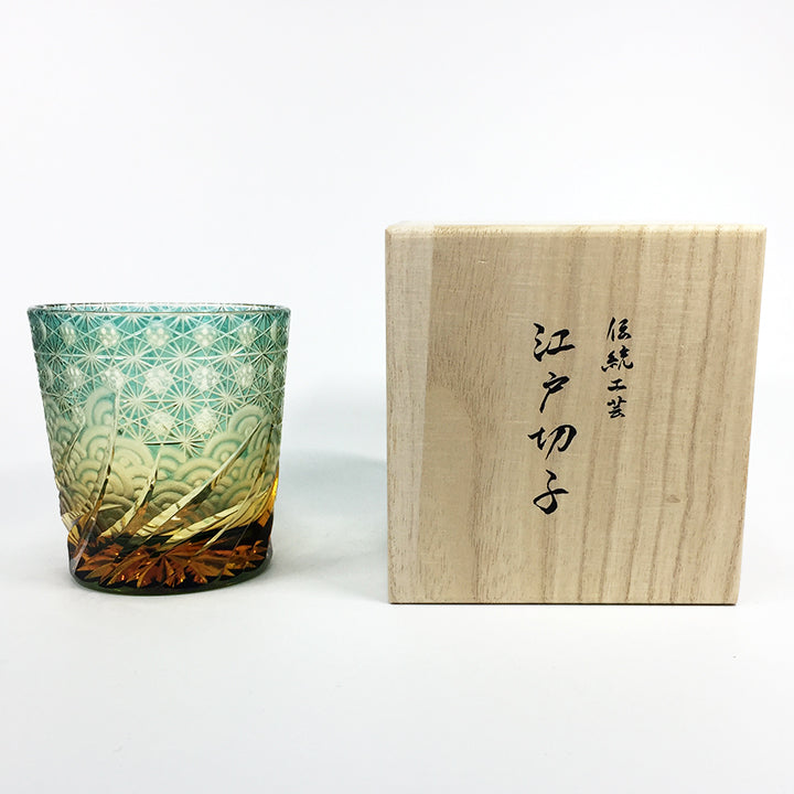 江戸切子 ロックグラス | 漣(さざなみ)| 琥珀 グリーン | 山田硝子