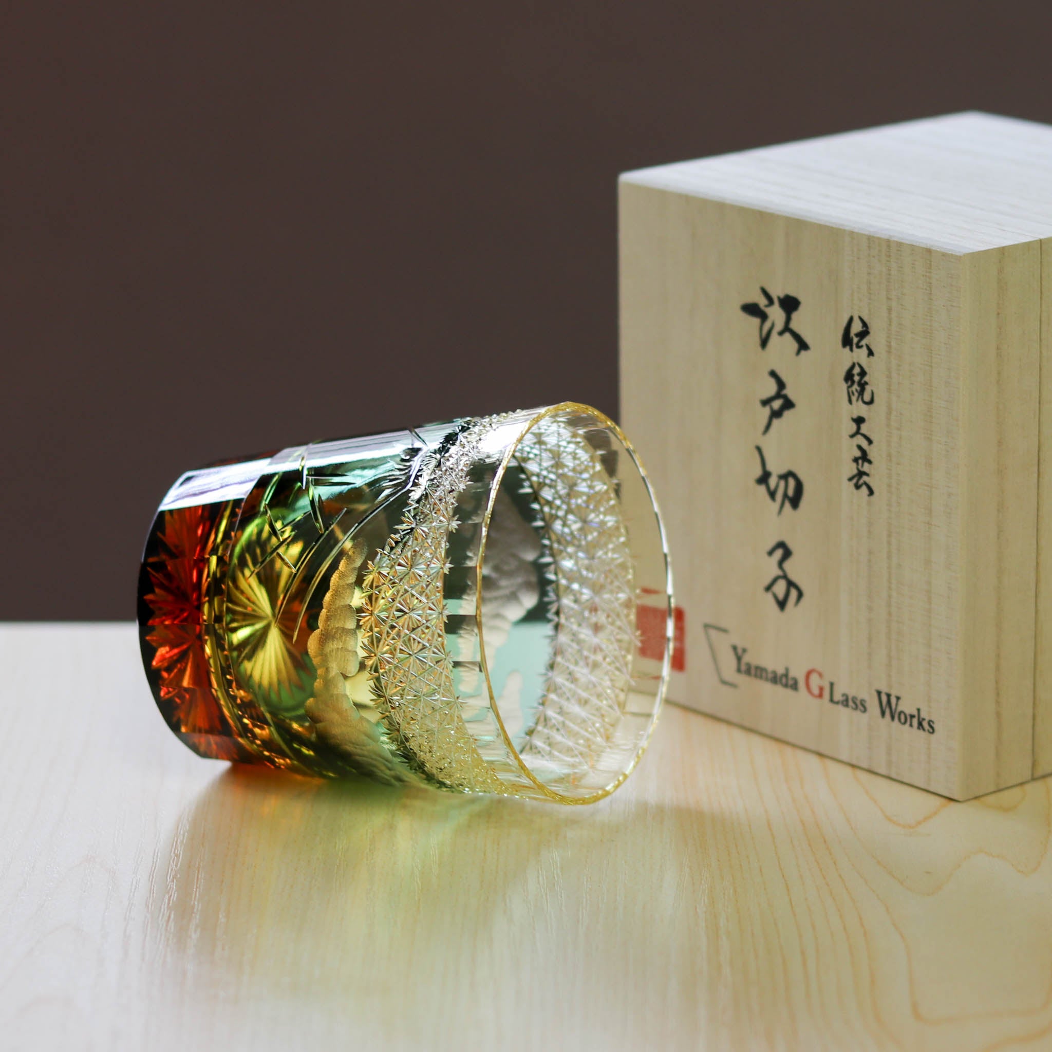 江戸切子 ロックグラス|山下白雨|琥珀 グリーン|山田硝子