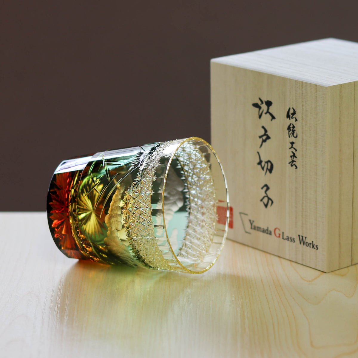 江戸切子 ロックグラス|山下白雨|琥珀 グリーン|山田硝子