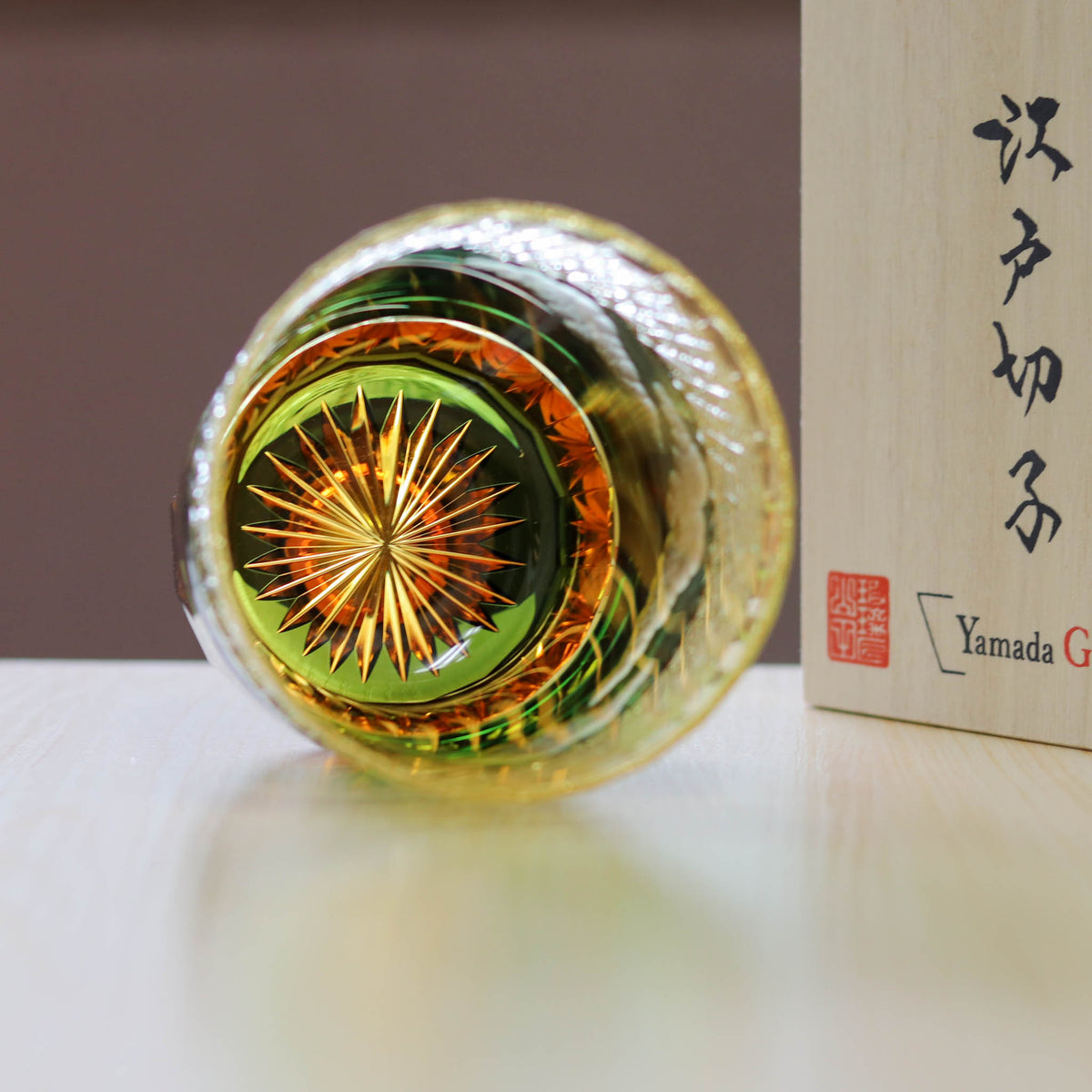 江戸切子 ロックグラス|山下白雨|琥珀 グリーン|山田硝子
