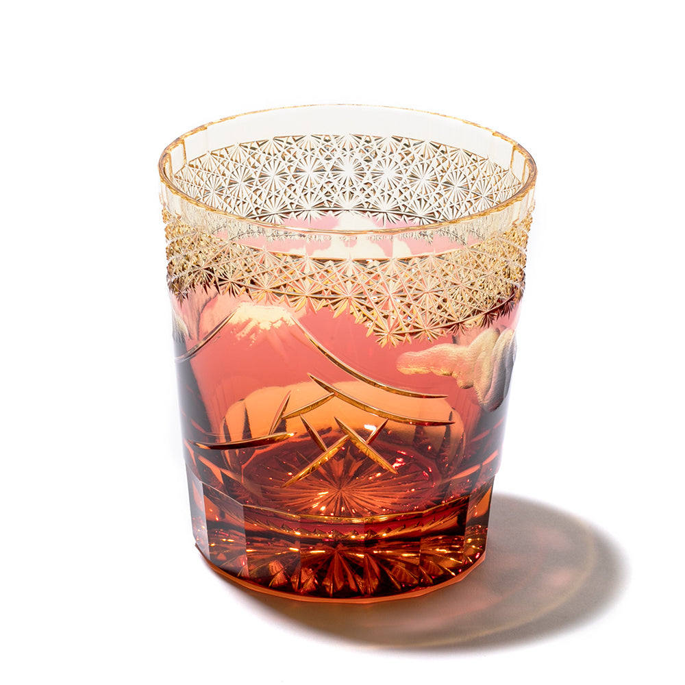 江戸切子 ロックグラス|山下白雨|琥珀 金赤|山田硝子