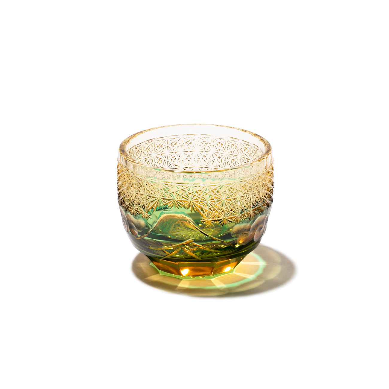 江戸切子 ぐい呑み|山下白雨|琥珀 グリーン|山田硝子