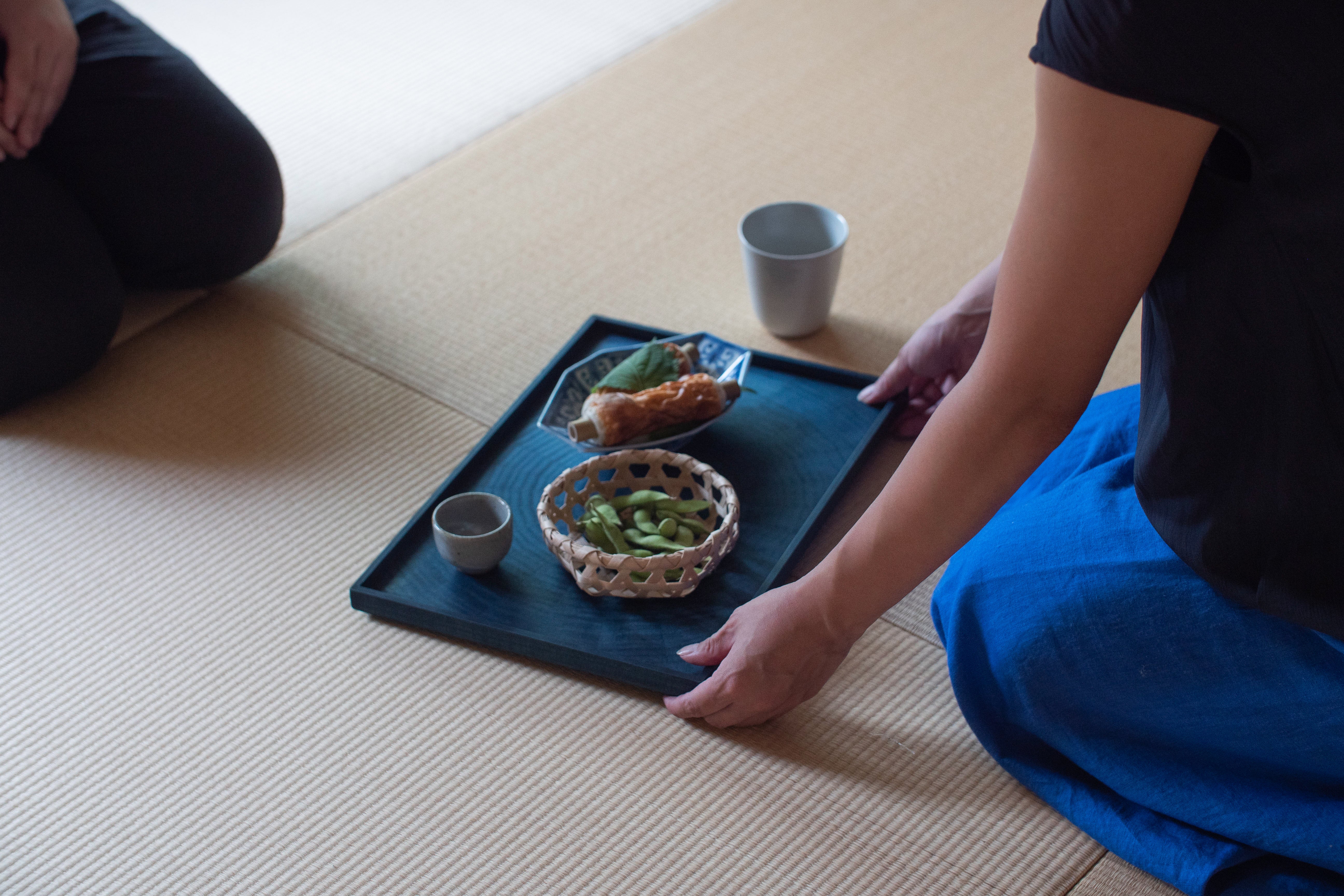 お盆 トレイ | Rectangle Rays Tray (四角) | ホワイトシカモア 藍染 | 森工芸