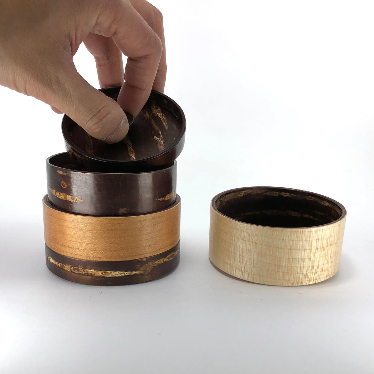 樺細工 茶筒 | 輪筒3色茶筒 | かえで | 角館伝四郎