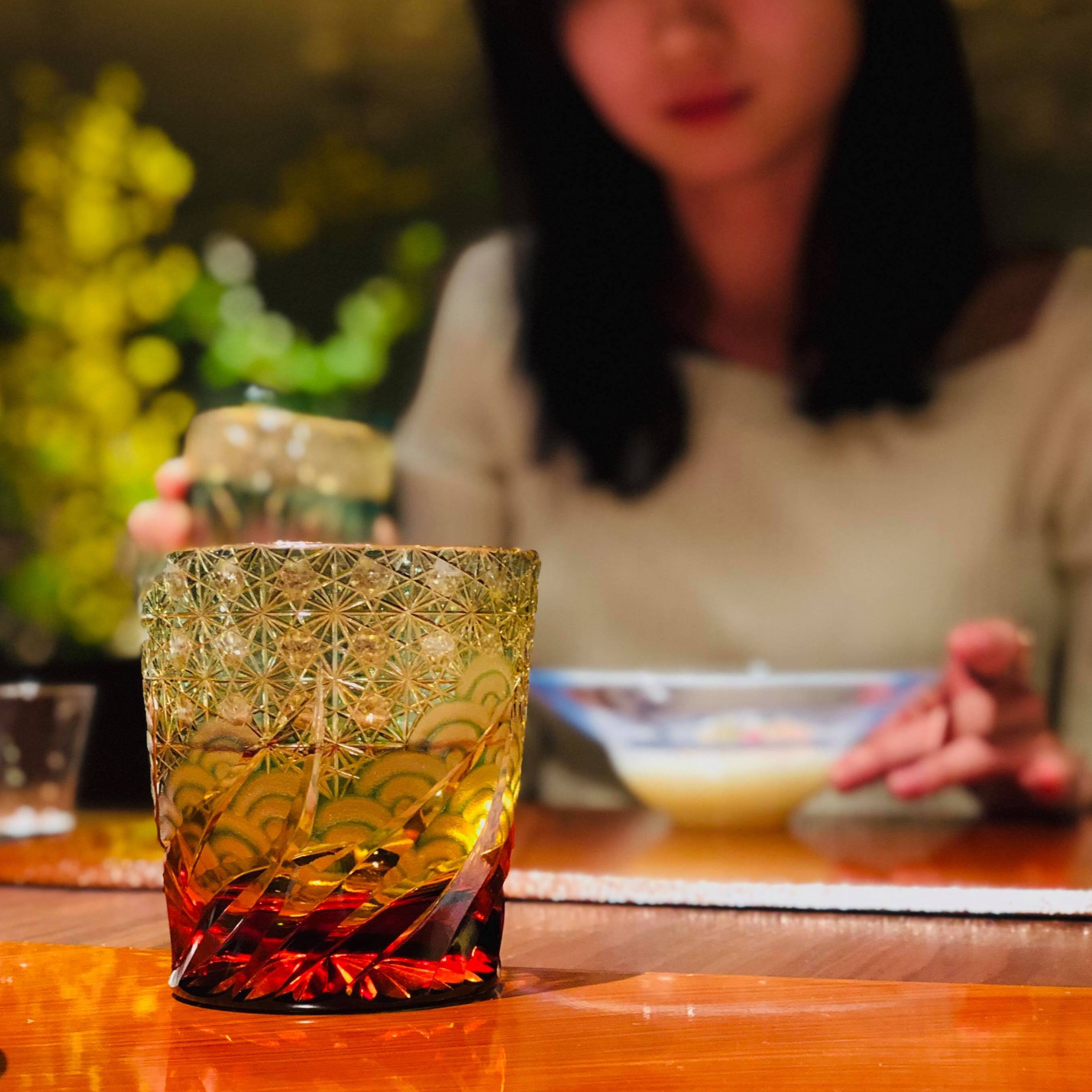 江戸切子 ロックグラス | 漣 | 琥珀 グリーン | 山田硝子