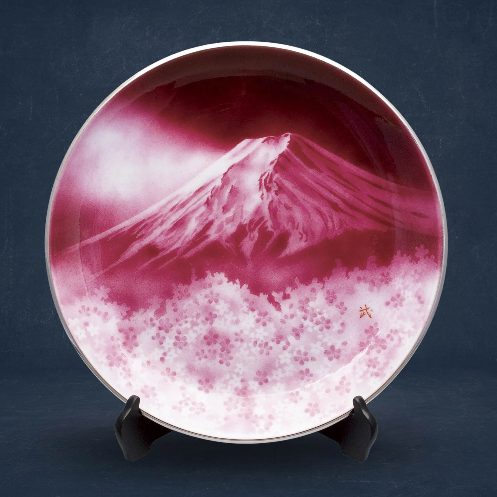 七宝焼き　丸赤富士桜　飾皿　富士山飾り皿