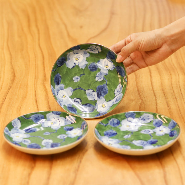 波佐見焼 皿 | 色絵花紋 5寸皿 | 緑 3枚セット | 浜陶