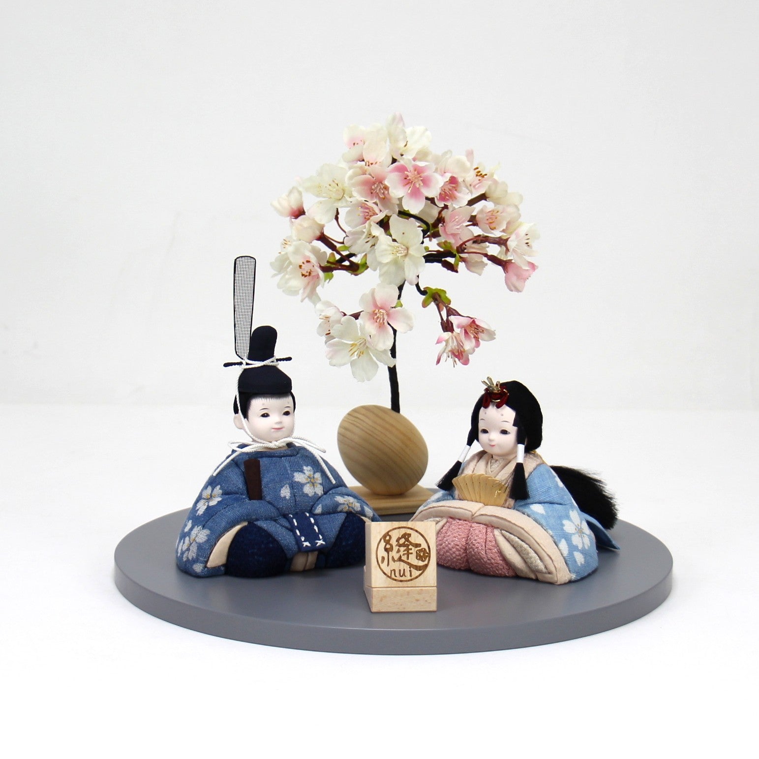 雛人形セット 藍染 | 桜柄 | 丸型グレー台 | 工房 縫nui