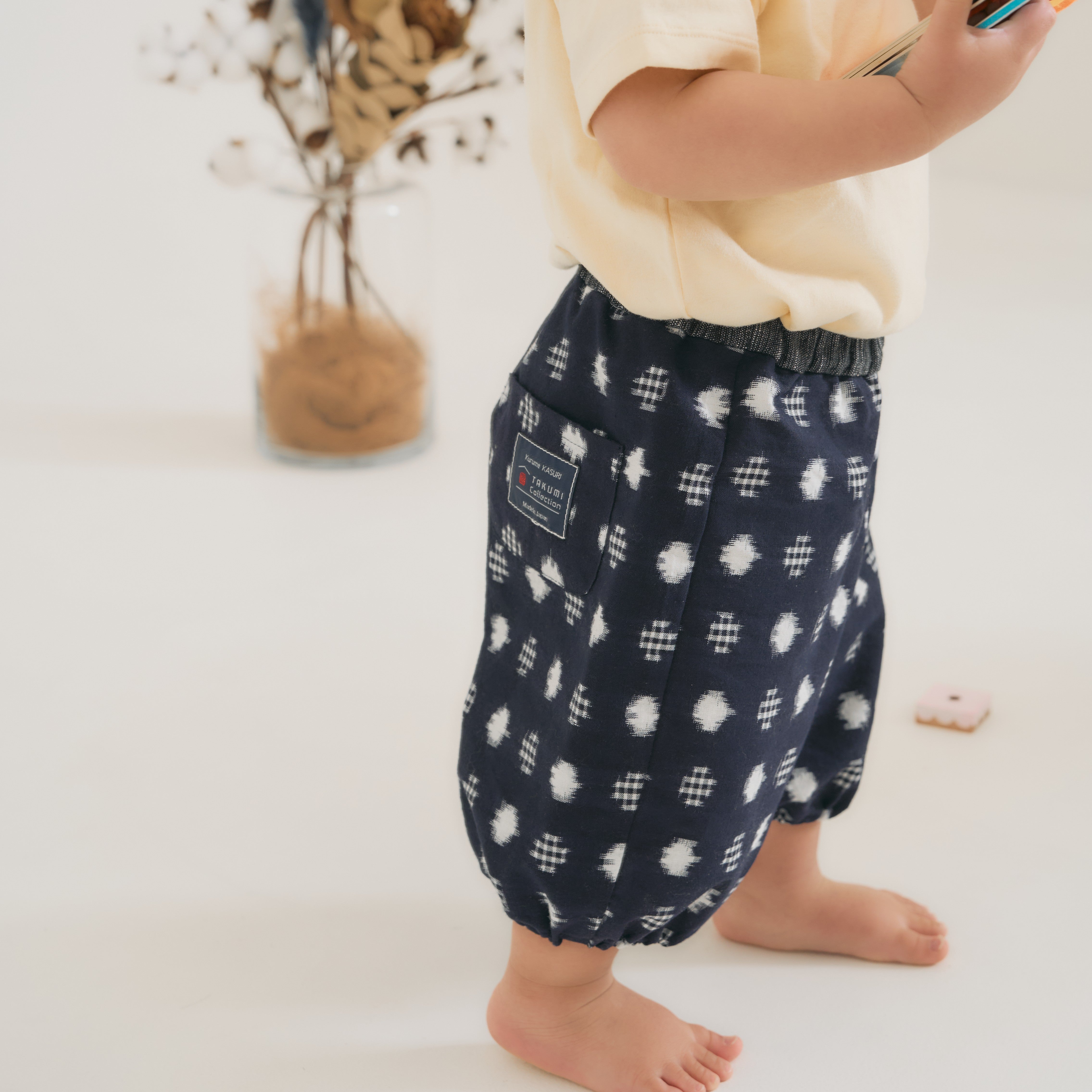 久留米絣 子供用 | もんぺっぺ スタイチーフ | 紺水玉格子 | TAKUMI Collection