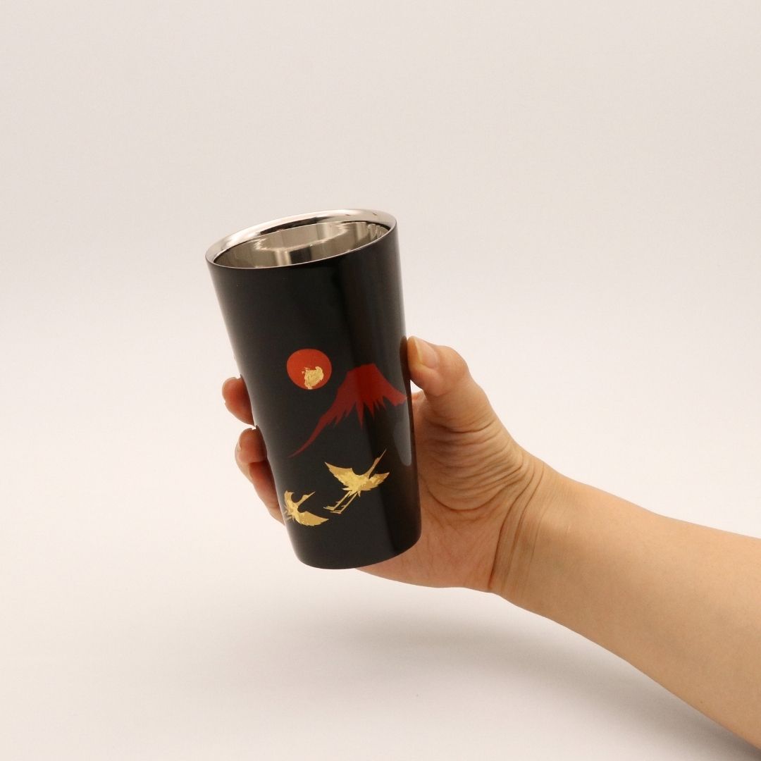 山中塗 カップ | 漆磨 | 赤富士に鶴 2重ストレートカップ | ウチキ