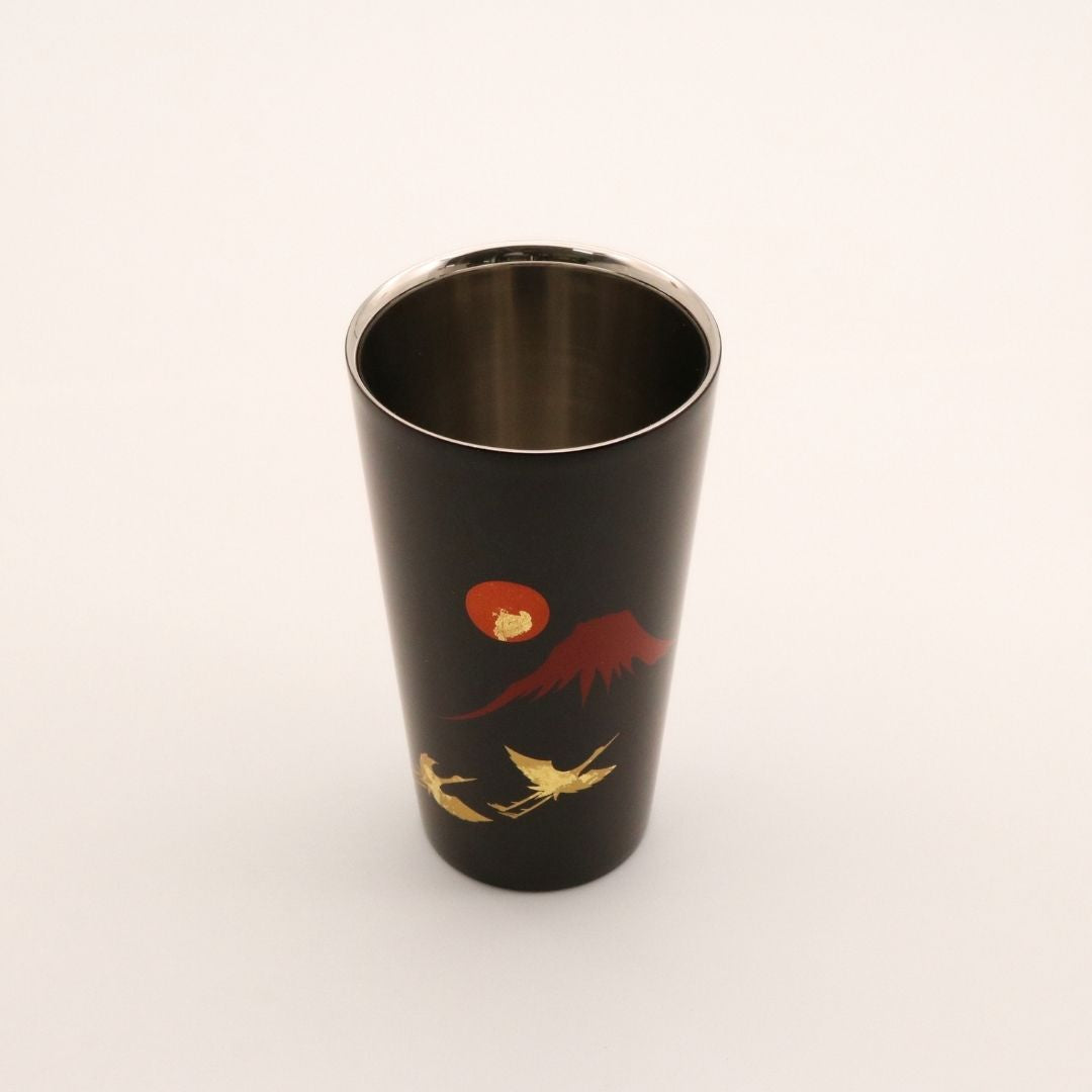 山中塗 カップ | 漆磨 | 赤富士に鶴 2重ストレートカップ | ウチキ