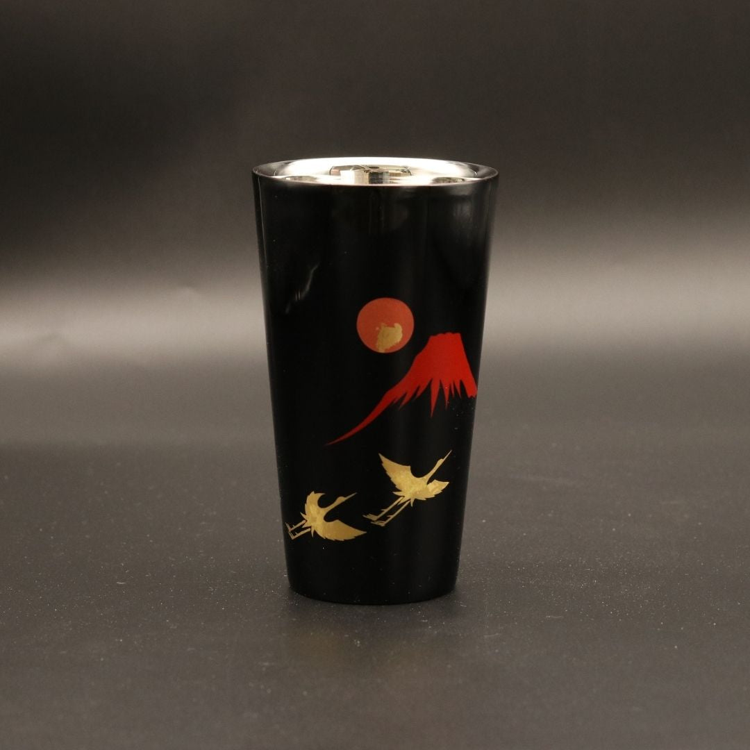 山中塗 カップ | 漆磨 | 赤富士に鶴 2重ストレートカップ | ウチキ