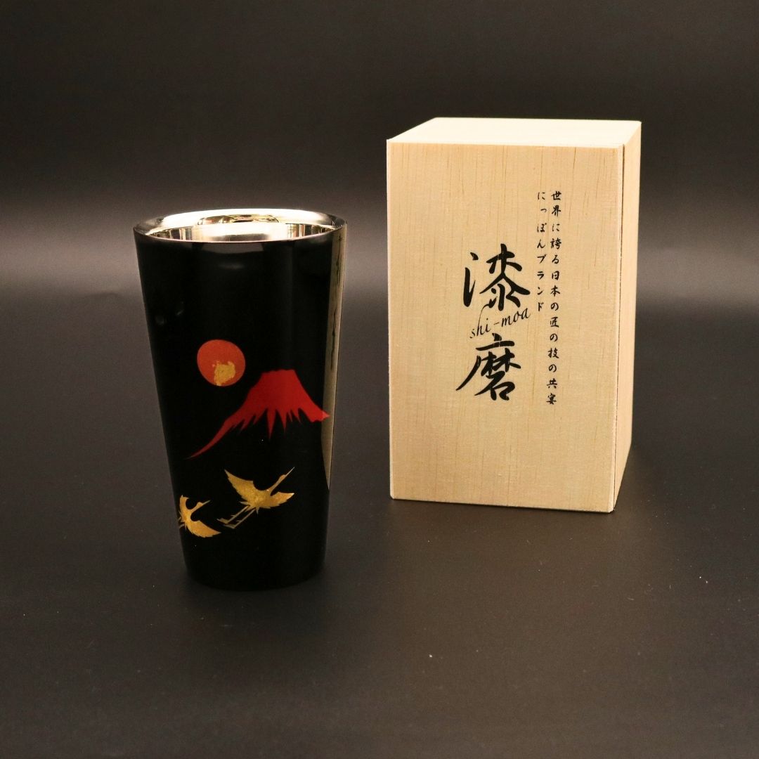 山中塗 カップ | 漆磨 | 赤富士に鶴 2重ストレートカップ | ウチキ