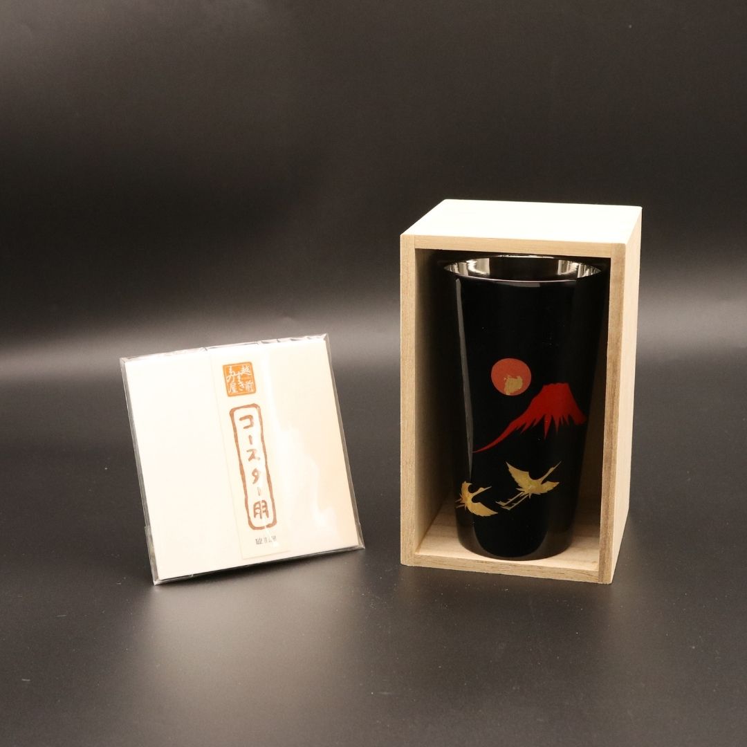 山中塗 カップ | 漆磨 | 赤富士に鶴 2重ストレートカップ | ウチキ