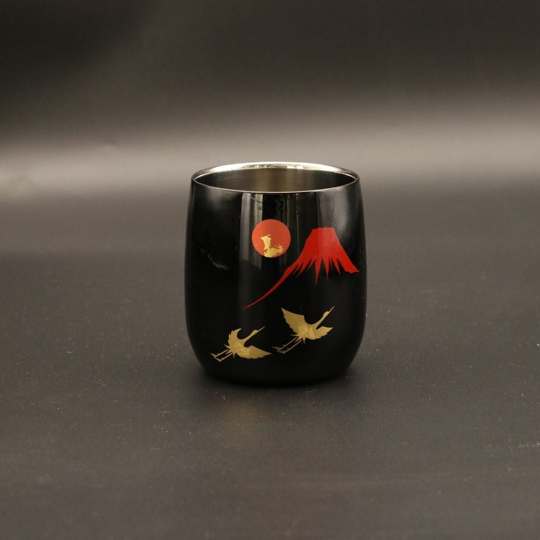 山中塗 カップ | 漆磨 | 赤富士に鶴 2重ロックダルマカップ | ウチキ