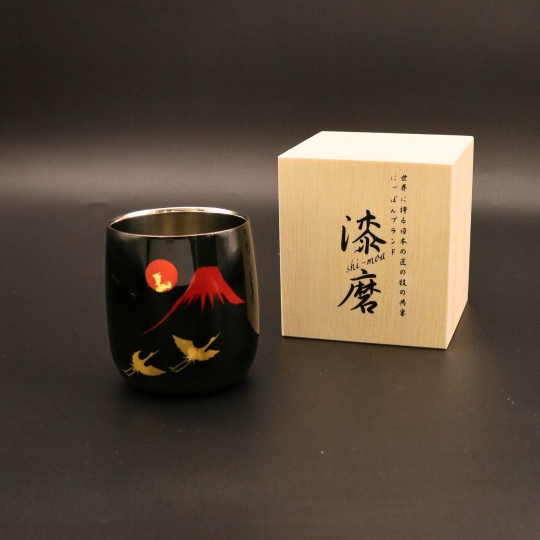山中塗 カップ | 漆磨 | 赤富士に鶴 2重ロックダルマカップ | ウチキ