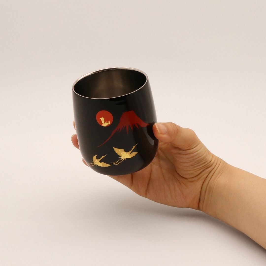 山中塗 カップ | 漆磨 | 赤富士に鶴 2重ロックダルマカップ | ウチキ