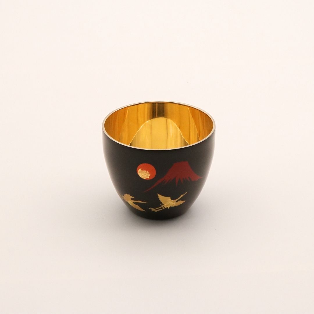 山中塗 カップ | 漆磨 | 赤富士に鶴 2重ぐい呑 | ウチキ