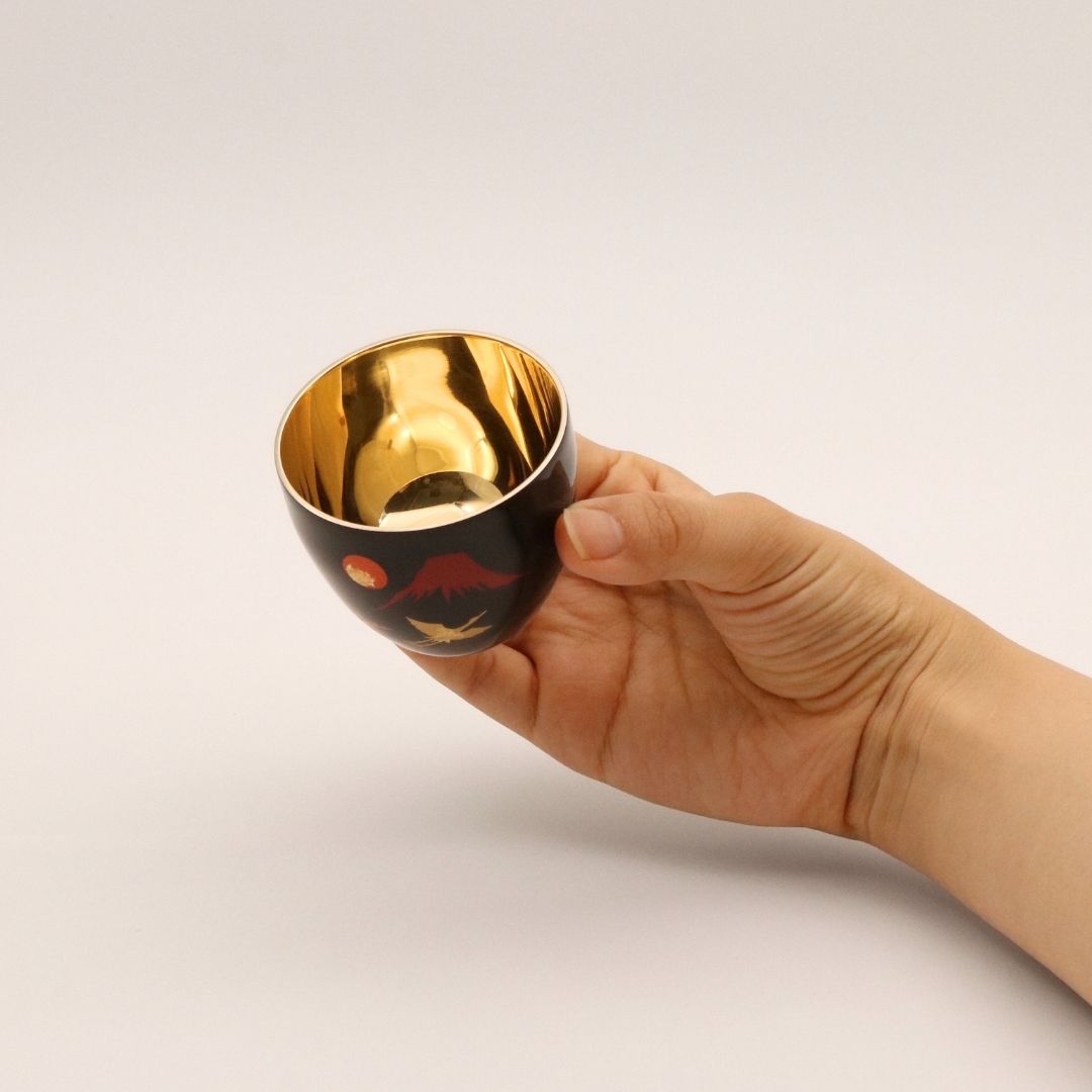 山中塗 カップ | 漆磨 | 赤富士に鶴 2重ぐい呑 | ウチキ