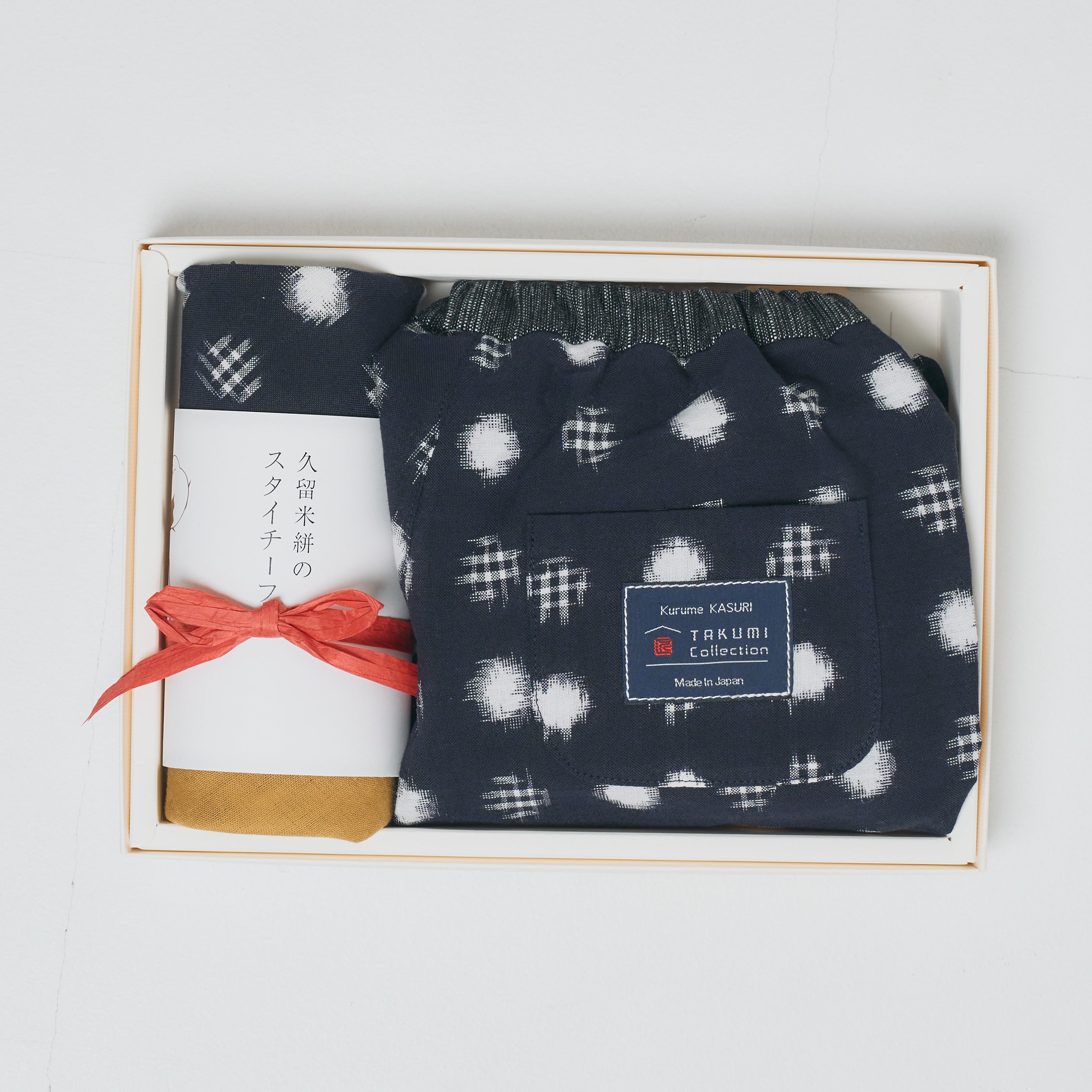 久留米絣 子供用 | もんぺっぺ スタイチーフ | 紺水玉格子 | TAKUMI Collection